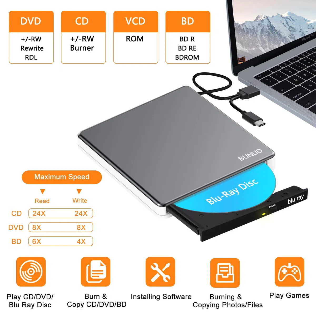 Lecteur externe Blu-ray CD DVD USB 3.0 & Type-C Graveur CD/DVD Blu-ray 2 ports USB & SD/TF Compatible PC Portable Windows 11/10 Mac MacBook