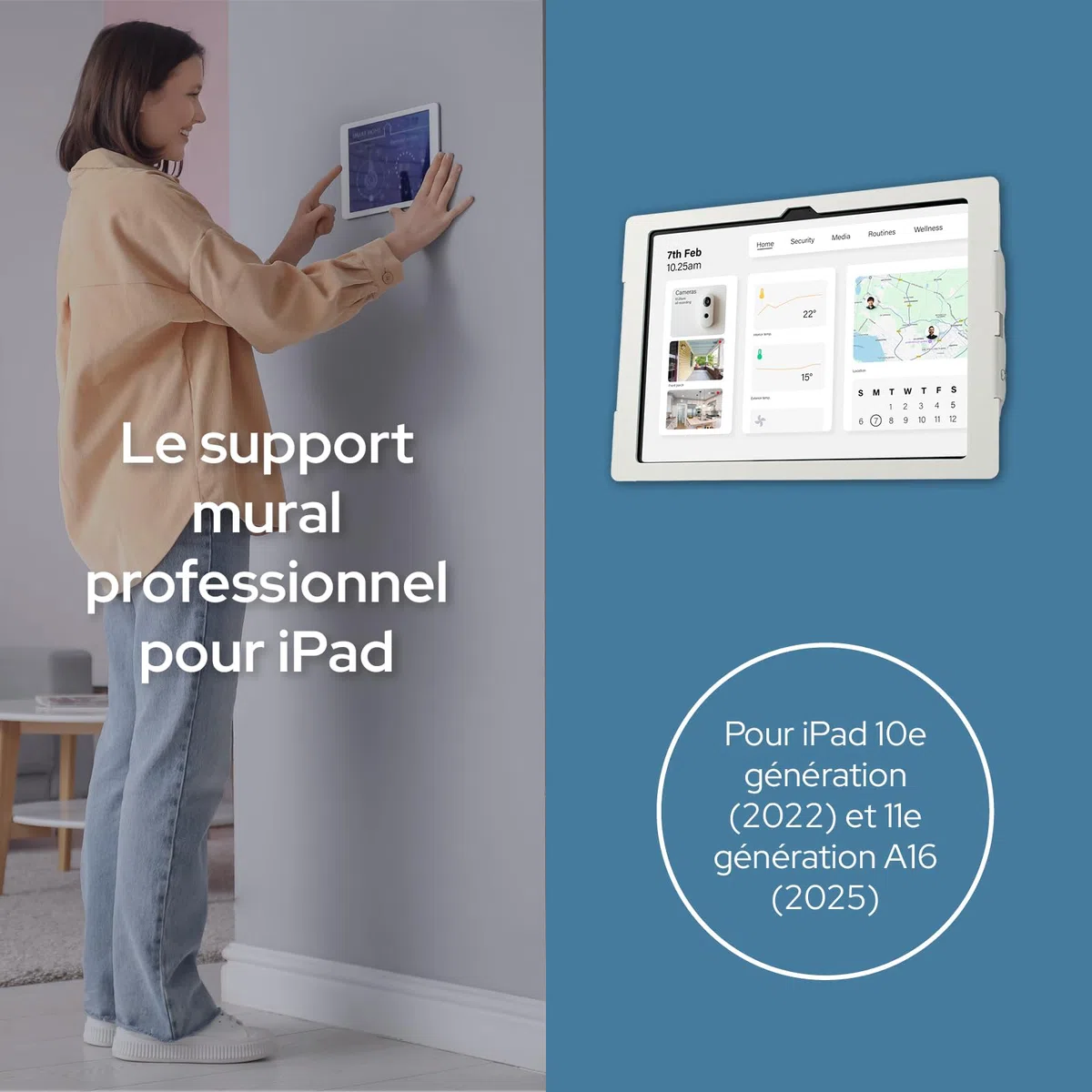 Lite Support Mural Tablette | Support Mural iPad | Fixation Sécurisée et Robuste Idéale Maison et Entreprise | Compatible iPad 10e Génération (2022) et 11e Génération A16 (2025) | Blanc