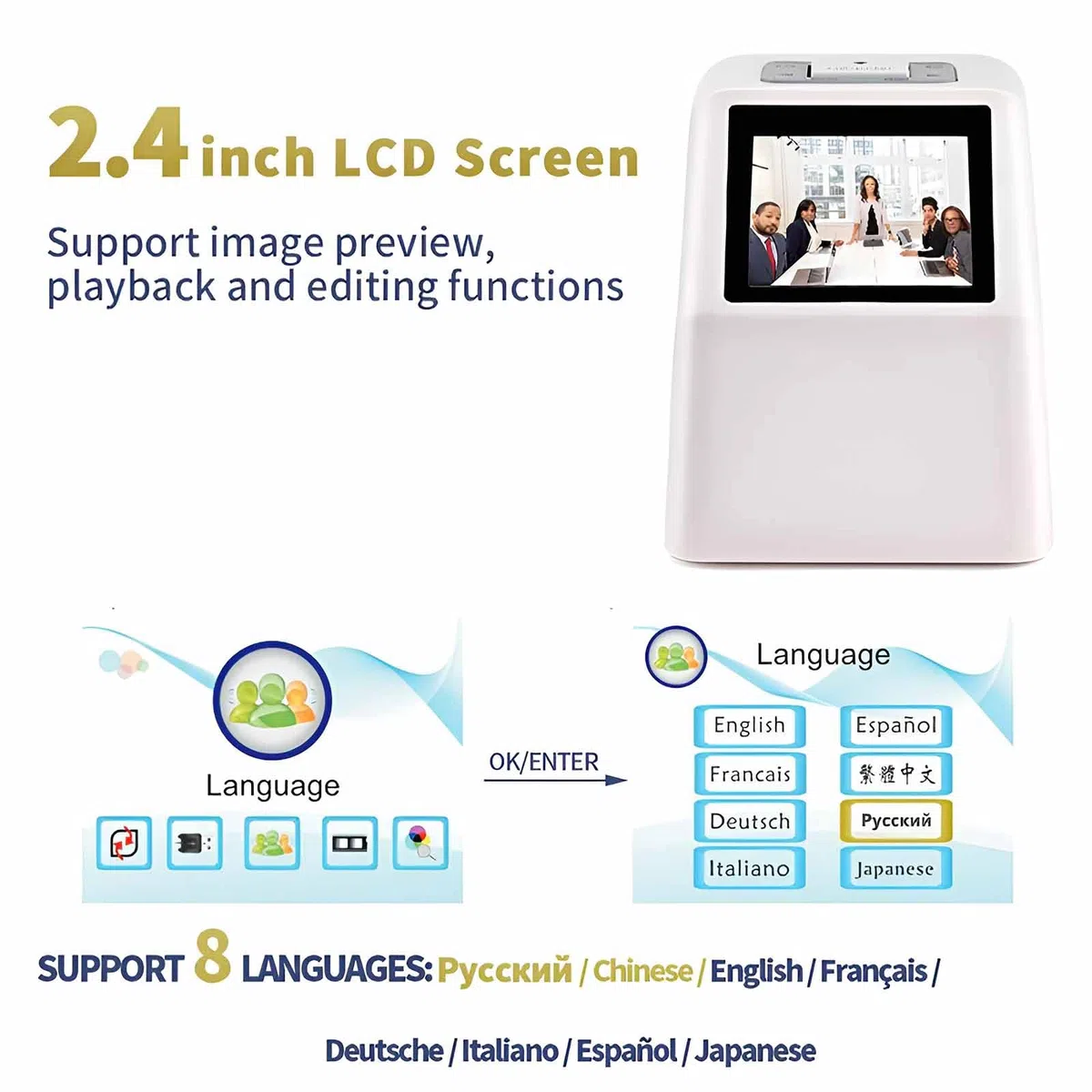 Scanner de film et de diapositives, scanner multifonction 22 MP avec écran LCD de 2,4", convertit la couleur et le noir et blanc 35 mm, 126, 110 et super 8 diapositives et négatifs en images