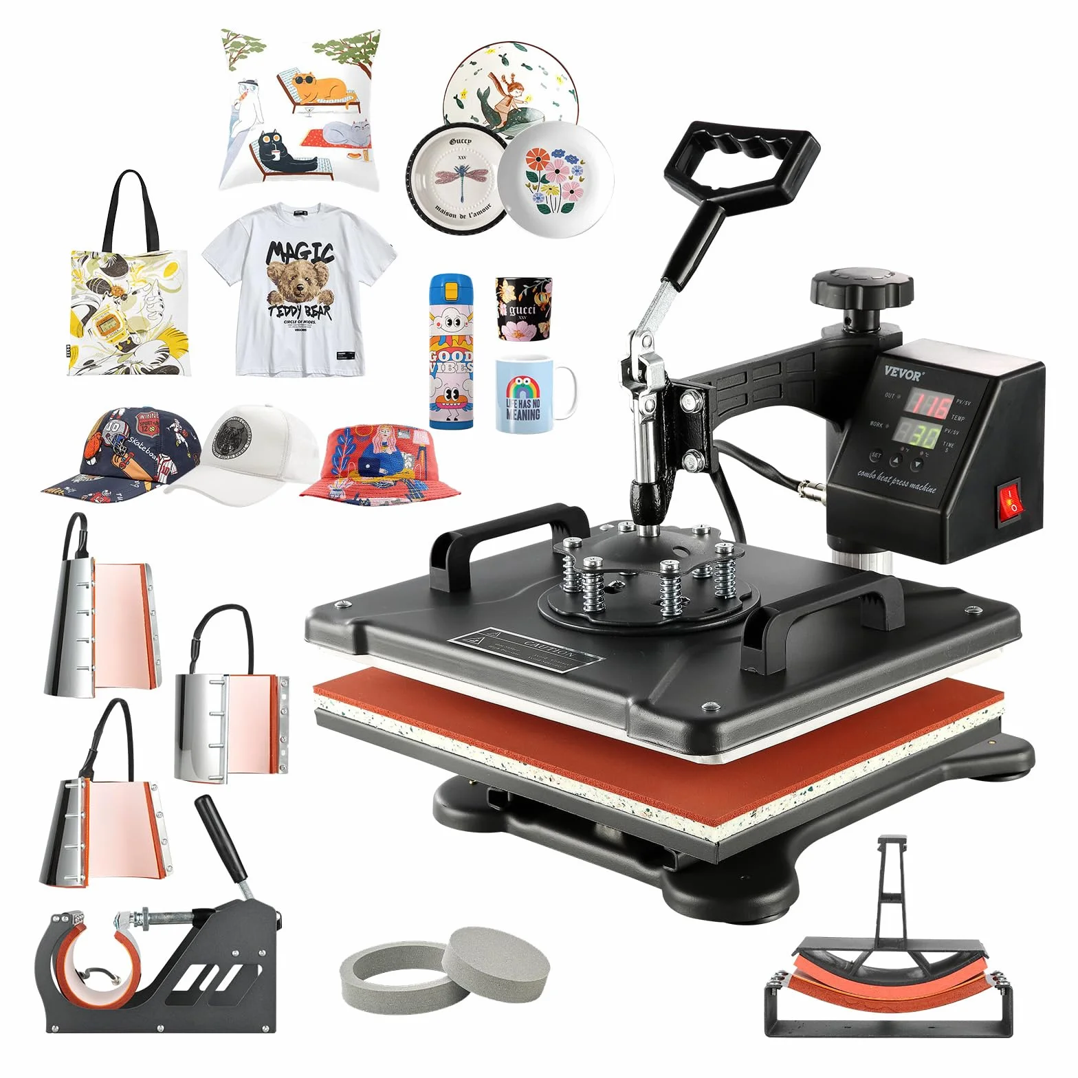 VEVOR Presse à Chaud Numérique 8 en 1, Machine de Sublimation Textile 29x38 cm pour T-shirts Mugs Casquettes Assiettes
