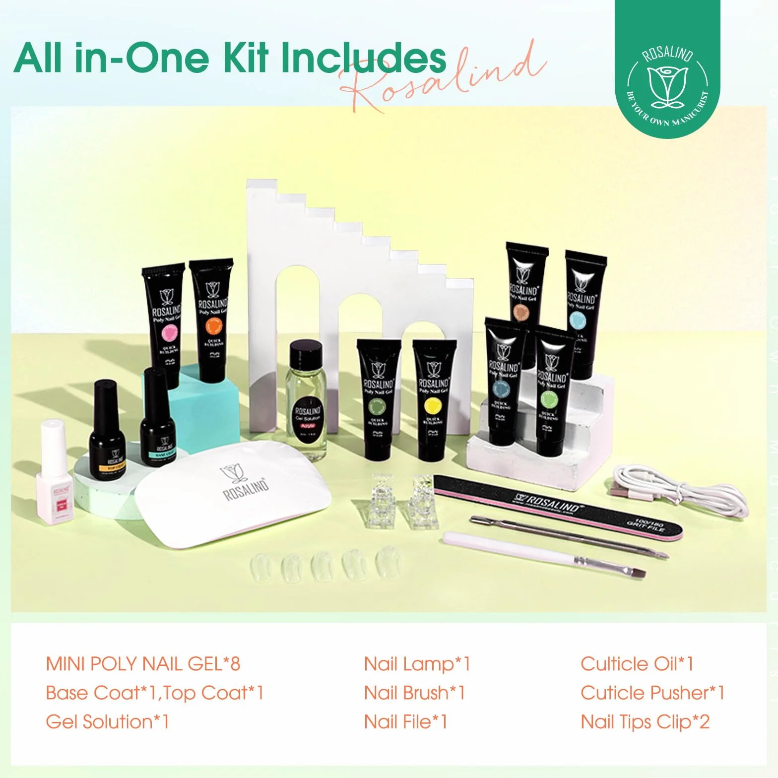 ROSALIND Kit UV Acrygel pour Ongle Complet 8 Couleurs 10 ml Lampe UV Base Top Coat Manucure DIY Nail Art