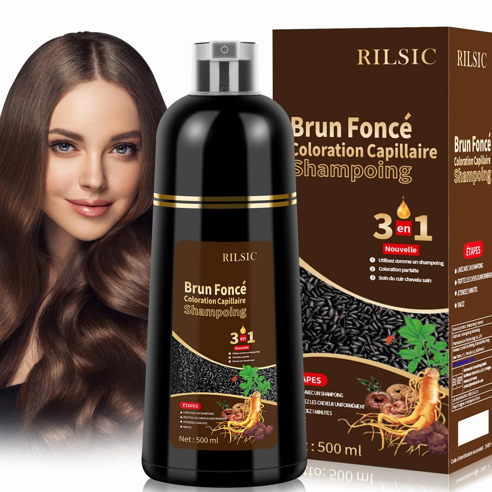 Shampoing Colorant Brun Foncé 3 en 1 pour Cheveux Blancs 500ml