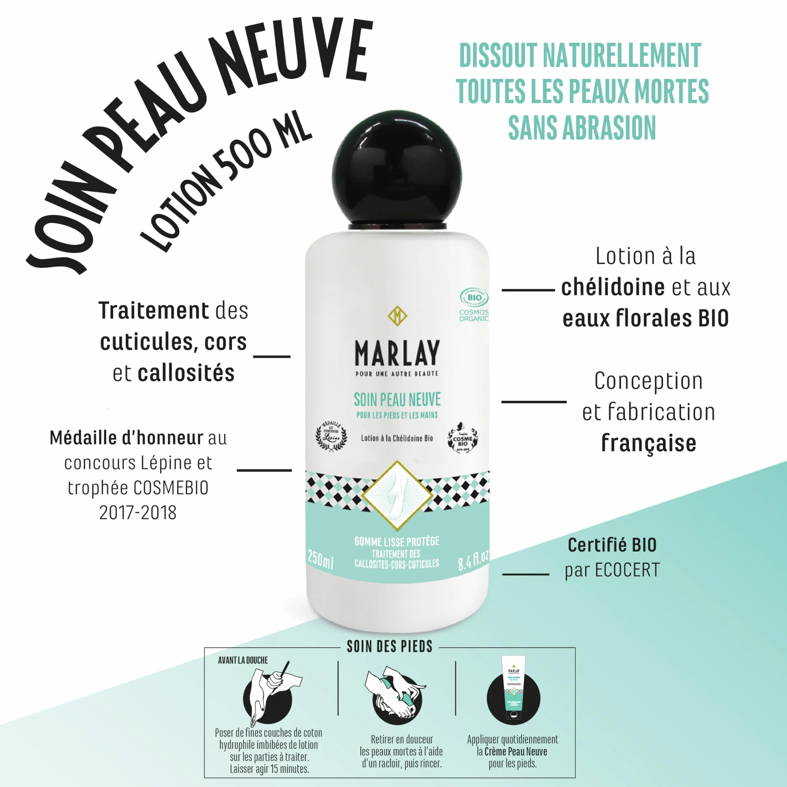 Marlay Cosmetics Soin Peau Neuve 500 ml Lotion Pieds Secs et Abimés à la Chélidoine Bio 99% Origine Naturelle