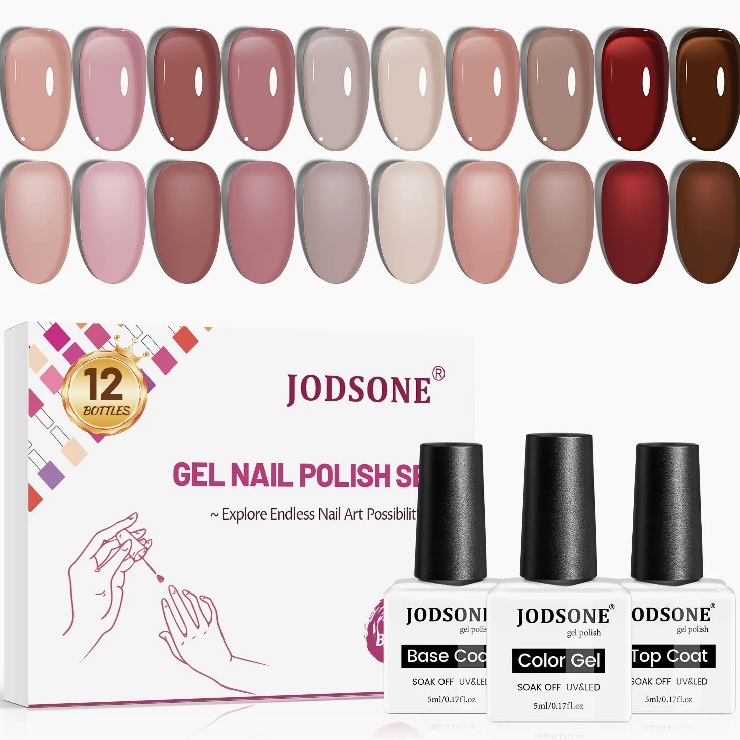 JODSONE Coffret 12 Vernis Semi Permanent 10 Couleurs Jelly Translucides Naturelles Tenue Longue Durée