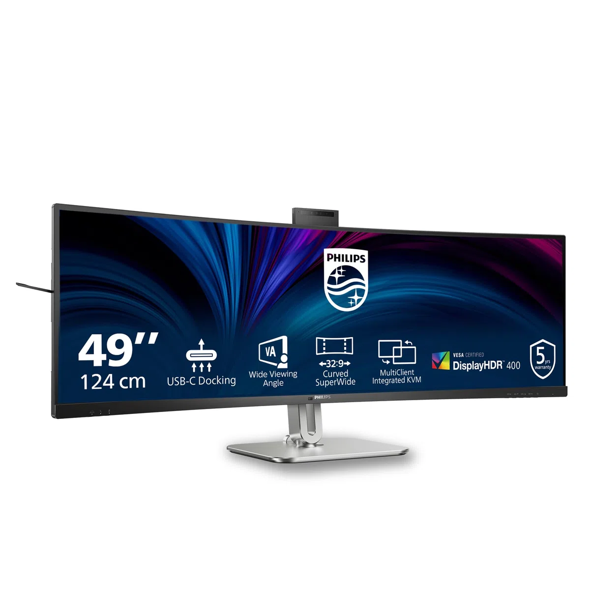 PHILIPS 49B2U5900CH - 49 Pouces QHD Curved Monitor, 75Hz, VA, 4ms, HDR400, KVM, Webcam, Réglable en Hauteur, Station d'accueil USB-C, Haut-parleurs (5120 x 1440, HDMI 2.0 / DP 1.4 / USB-C 1)