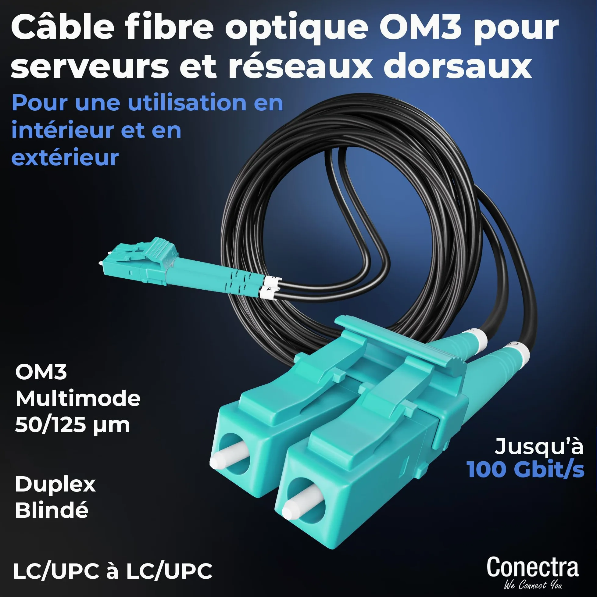 30m Câble Fibre Optique Blindé OM3 Duplex Breakout LC/UPC, Jarretière Optique Multimode 50/125, LSZH Intérieur/Extérieur, Rallonge Fibre Armée Cordon Patch Câblage Réseau ⌀3mm Noire