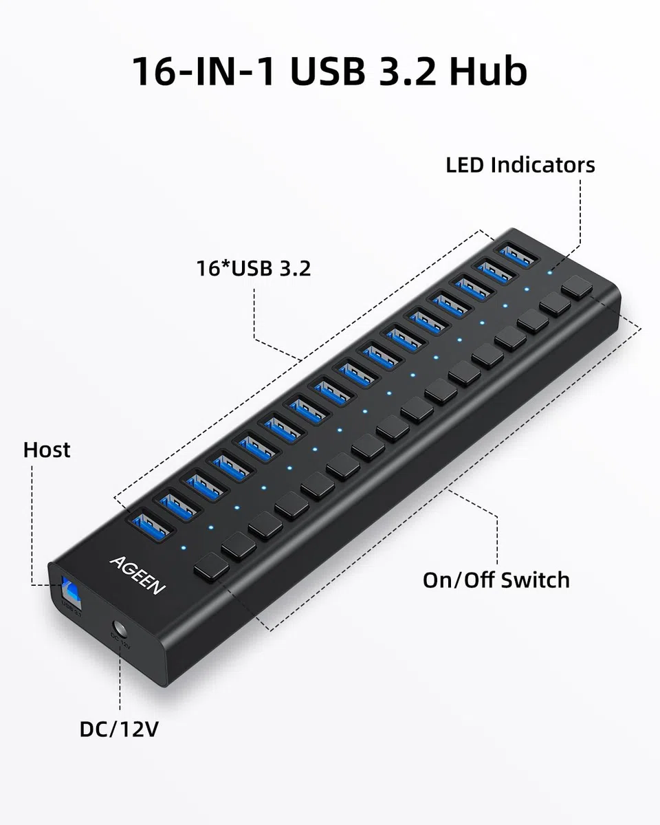 Hub USB 3.0 avec alimentation, répartiteur de hub USB C à 16 ports, 16 USB-A 3.2 10 Gbit/s avec commutateurs individuels, adaptateur d'alimentation certifié UL 12 V 8 A 96 W pour ordinateur portable