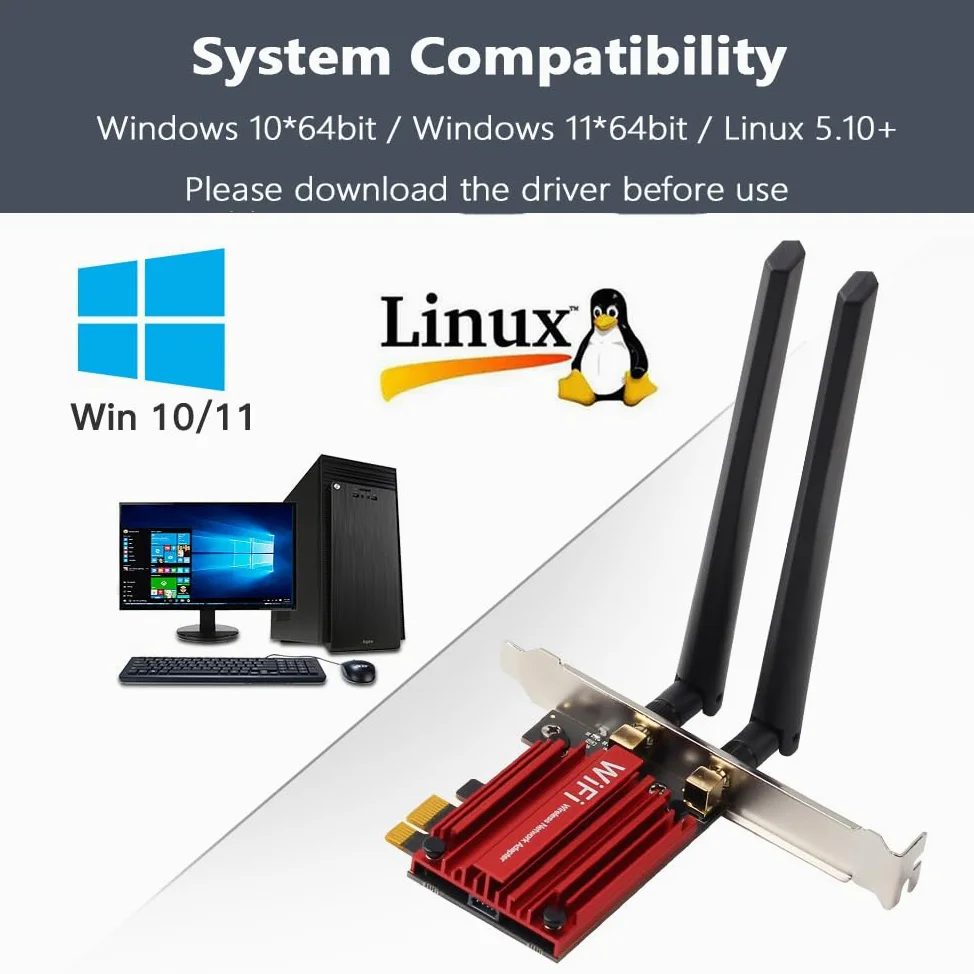 Adaptateur WiFi 5,8 Gbps Wi-Fi 7 Bluetooth 5.4 PCI-E Carte Intel BE200 2.4/5/6 GHz 802.11be pour PC de bureau Windows 11