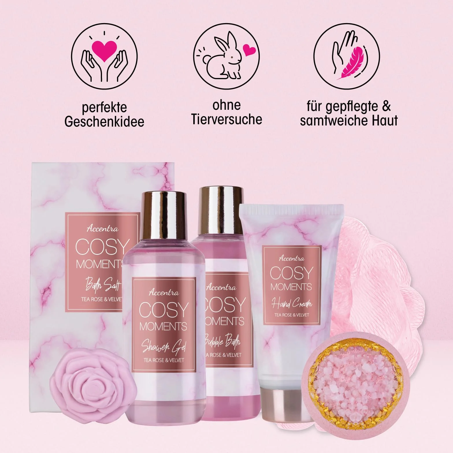 Accentra COSY MOMENTS Set de bain et de douche rose Coffret cadeau bien-être 7 pièces