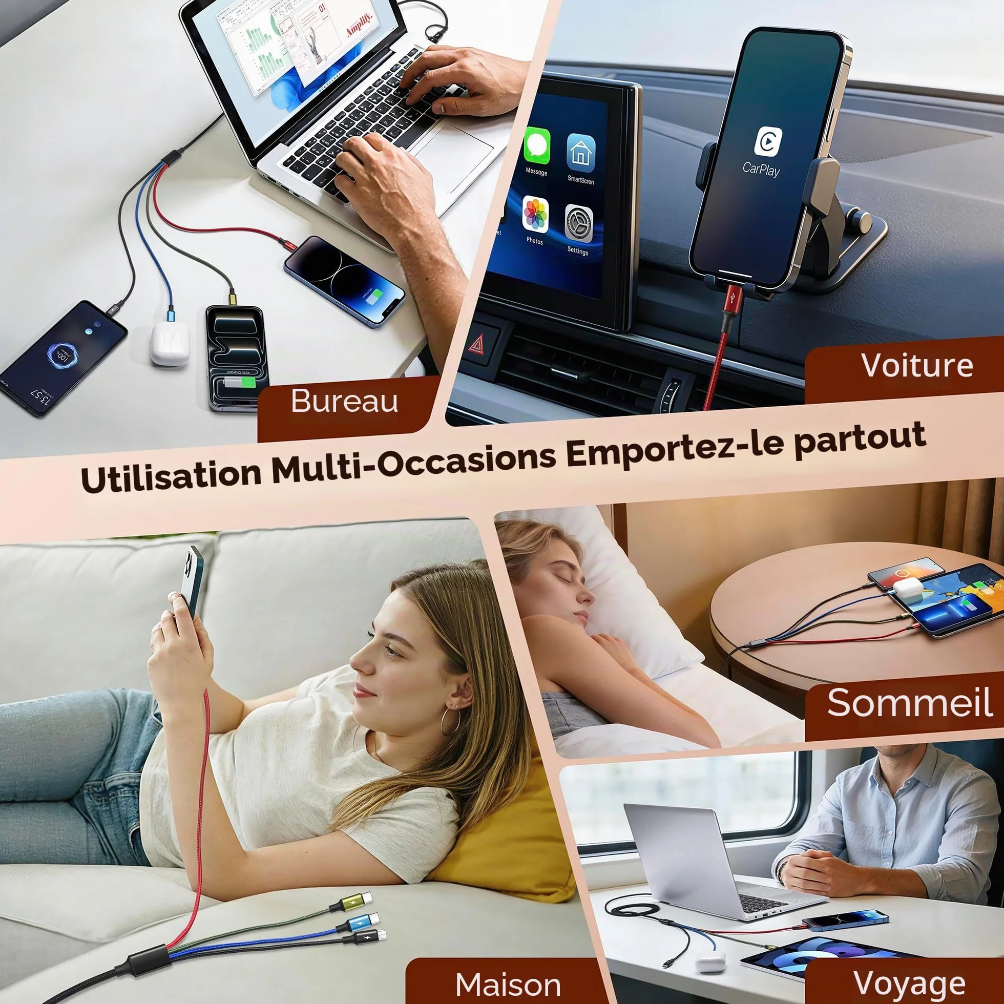 Minlu Câble de Charge Double Type C, Multi USB 4 en 2 [3,5A 1,8M] Charge Rapide USB A/C vers 2*USB-C+Lightning+Micro pour iPhone/Galaxy/Android/Tablette