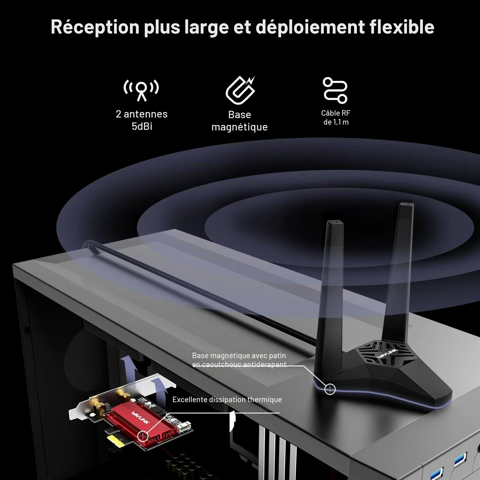 WAVLINK WiFi 6E AX5400M PCIe Network Card, Adaptateur sans Fil AX210 tri-Bande avec Bluetooth 5.3, MU-MIMO, WPA3, OFDMA, Support Bas Profil, dissipateur avancé, pour PC Windows 11/10