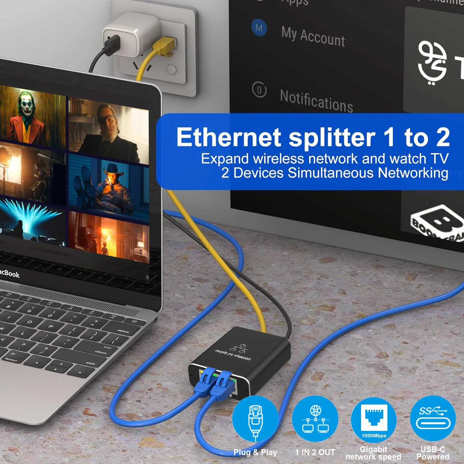 Gigabit Switch Ethernet 2 Port RJ45 Splitter 1000 Mbps LAN
