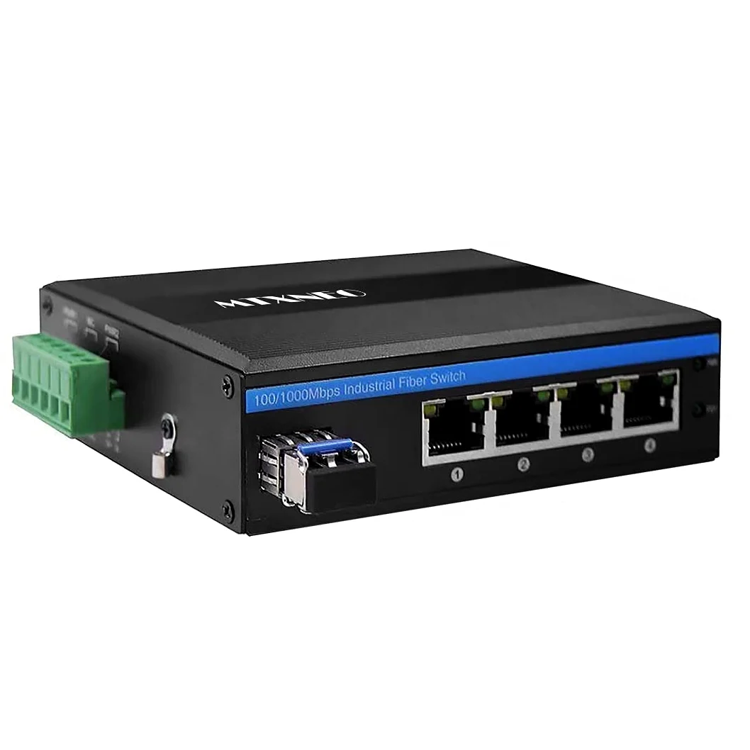 Convertisseur de Fibre Gigabit Ethernet à 5 Ports pour extérieur Dur Commutateur de réseau Industriel sur Rail DIN 100/1000Base-T vers LC Jusqu'à 20 km (avec émetteur-récepteur SFP)