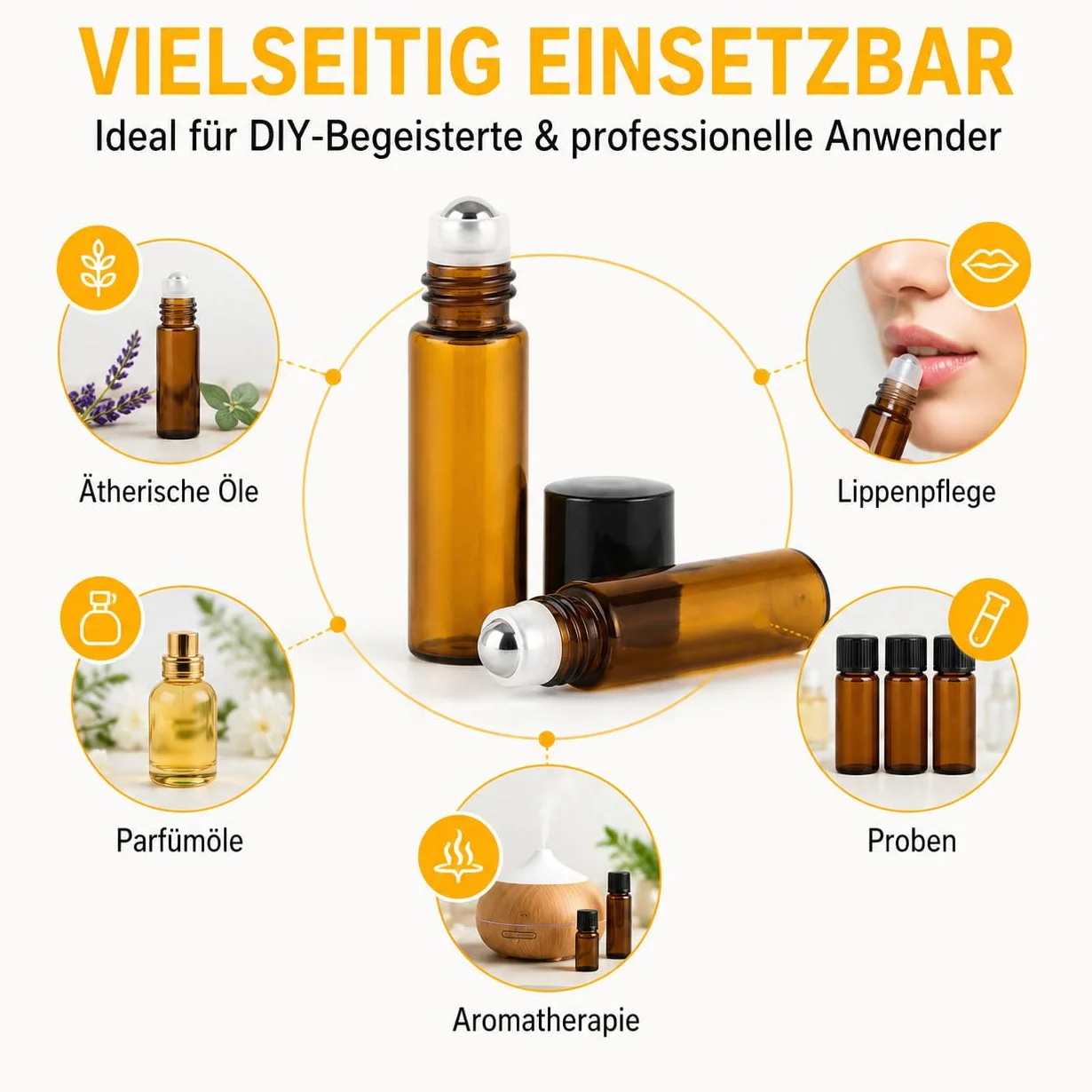 Lot de 50 Flacons Roll-On 5ml en Verre Ambré avec Billes en Acier Inox, Kit DIY Huiles Essentielles