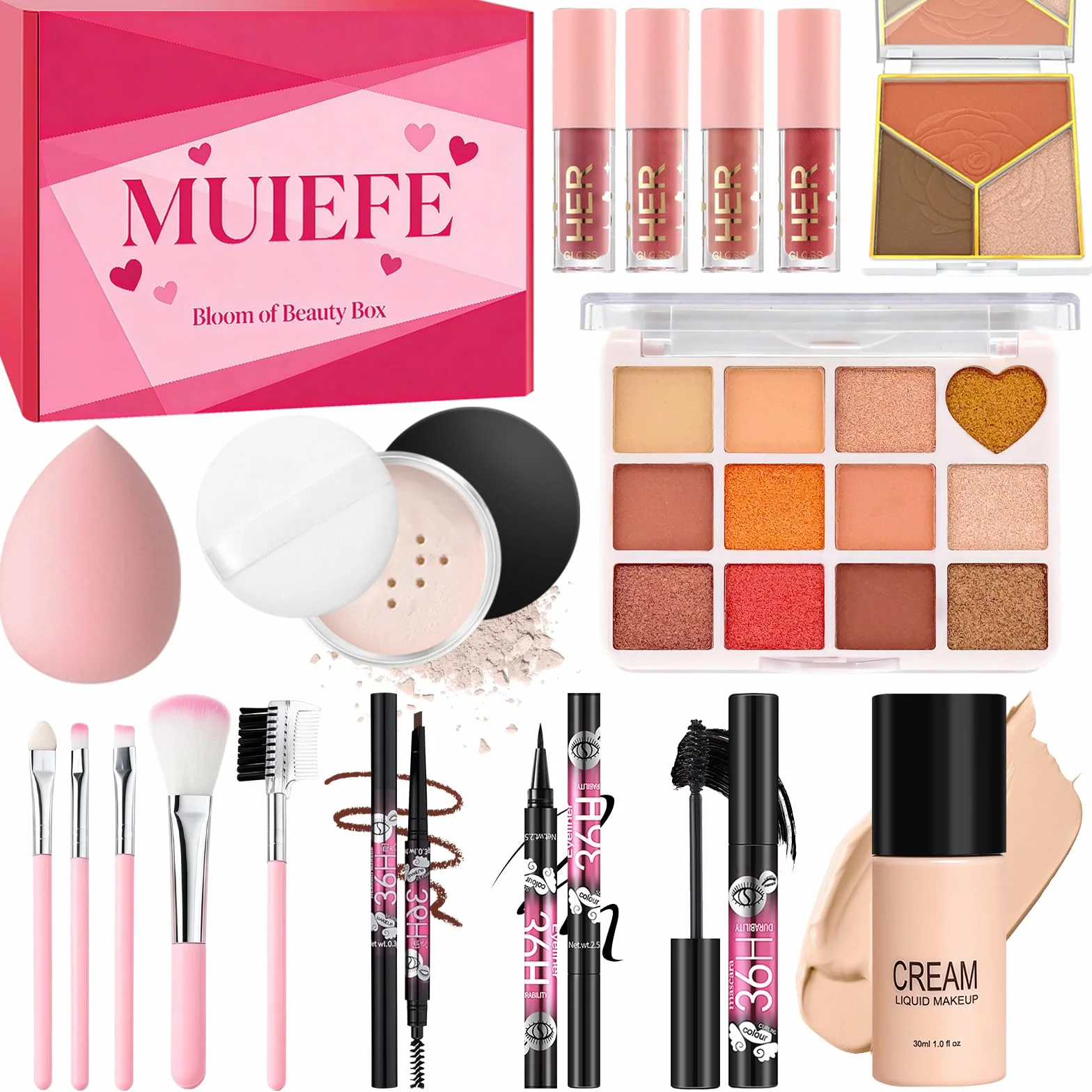 Coffret Maquillage Femme Kit Complet avec Palette Yeux Fond de Teint Mascara Gloss Lèvres Crayon Sourcil Eyeliner Pinceau