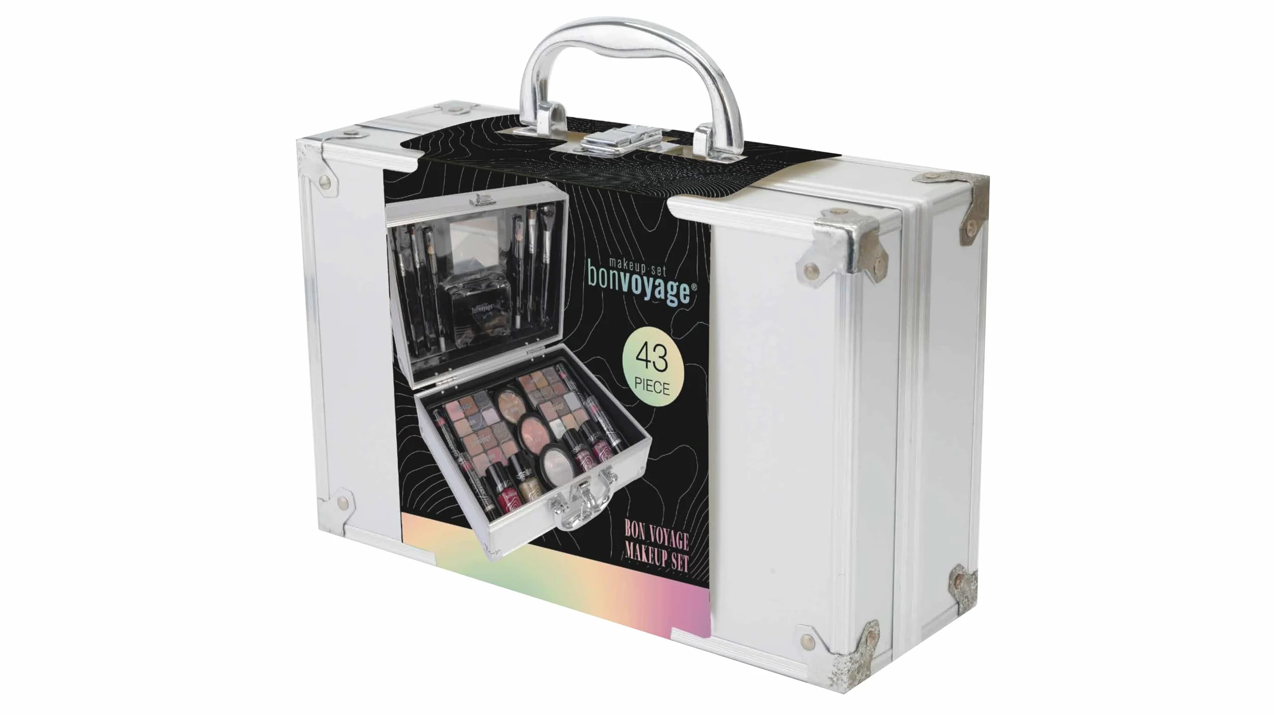 Coffret Maquillage Femme Bon Voyage avec Rouge à Lèvres, Ombres, Blush, Vernis, Miroir, Mallette Métallique Portable