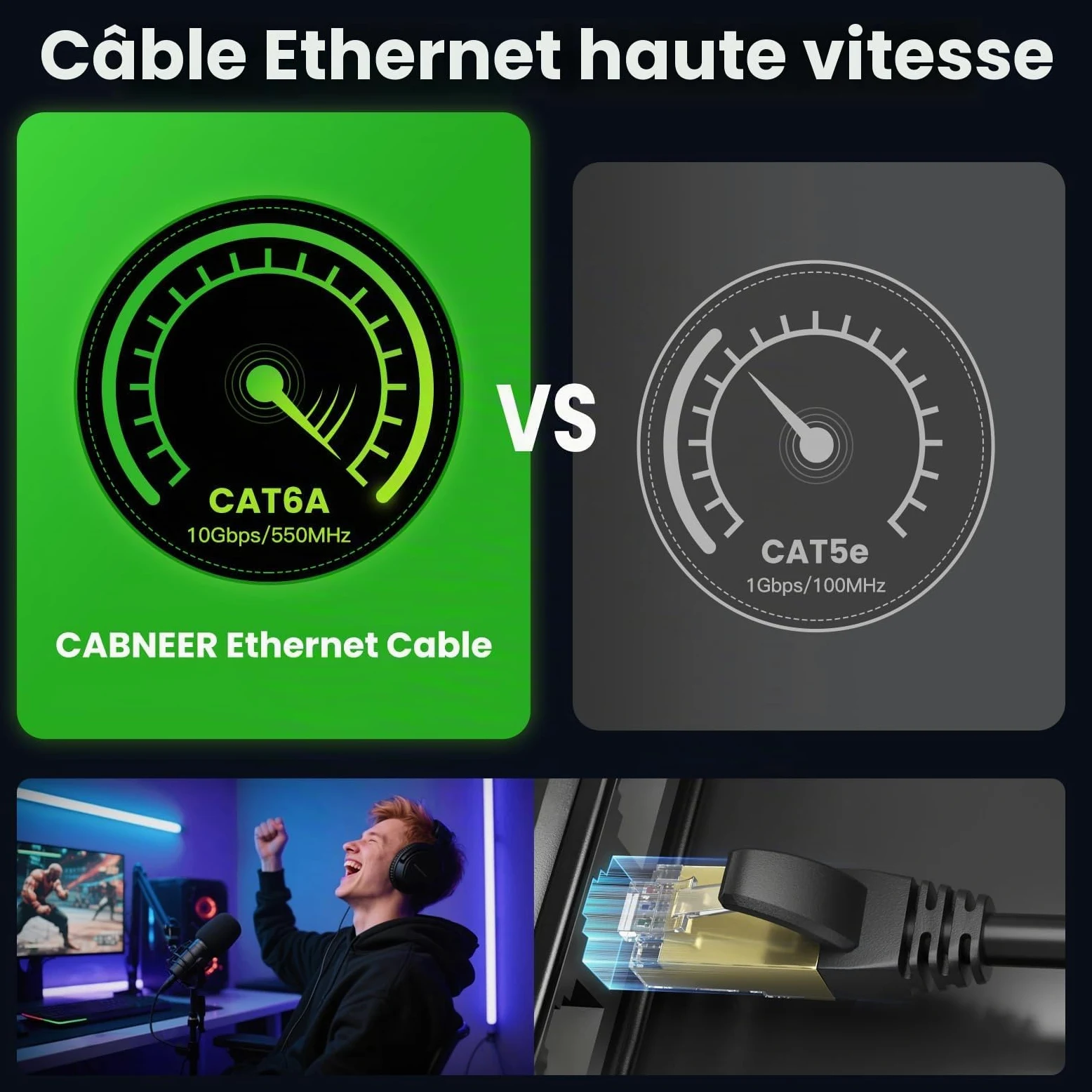 Cable Ethernet Extérieur Cat 6A 100m 23 AWG LLDPE 10 Gbps 550MHz, Résistant UV/Intempéries, Enfouissement Direct, Câble RJ45 Réseau Internet Gigabit Haute Vitesse UTP CCA, 80 Attaches Noires