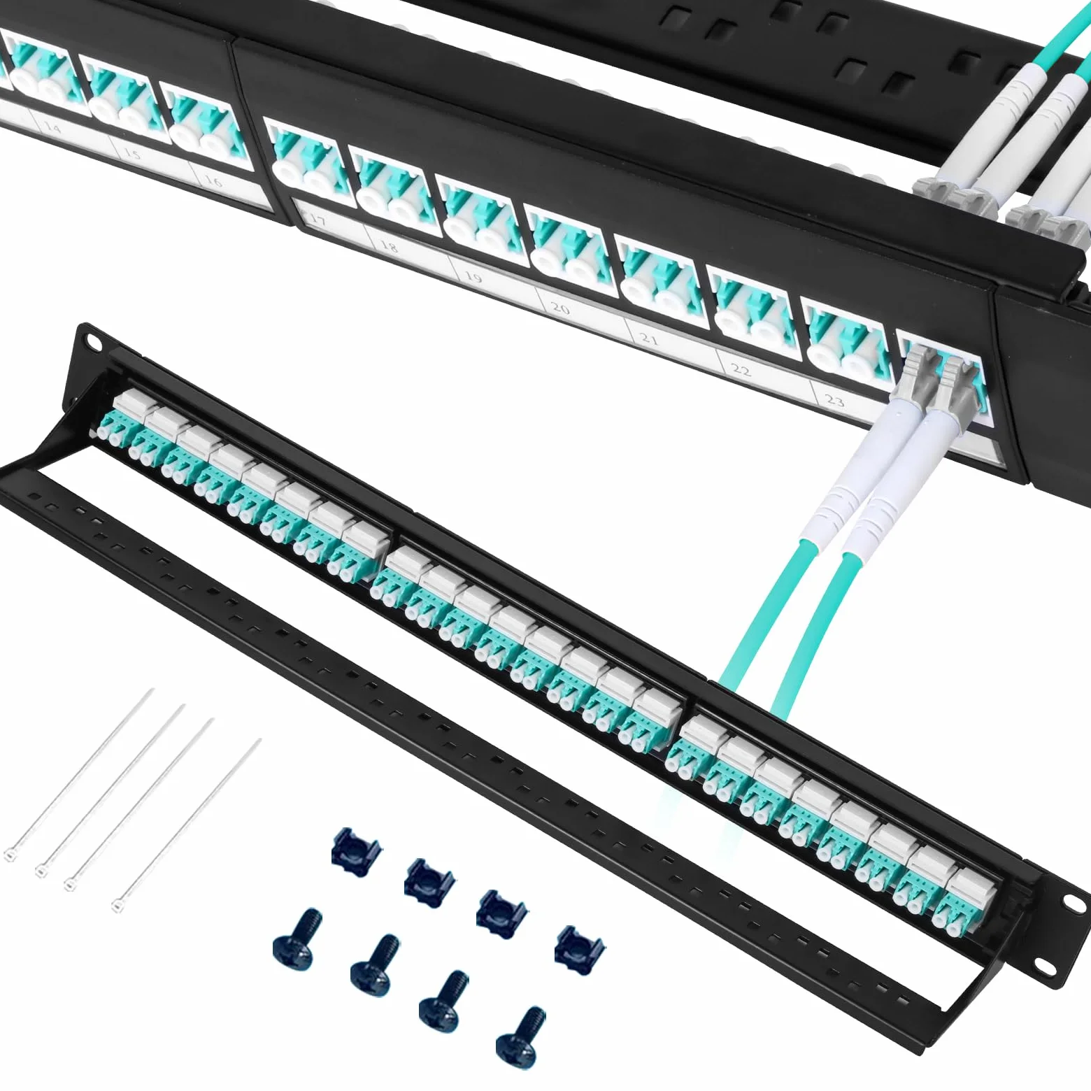 Panneau de brassage en fibre optique 1U avec 24 adaptateurs de fibre optique monomode LC OS2, coupleurs Keystone Jack modulaire avec clé en ligne blanche, connecteurs monomode pour racks