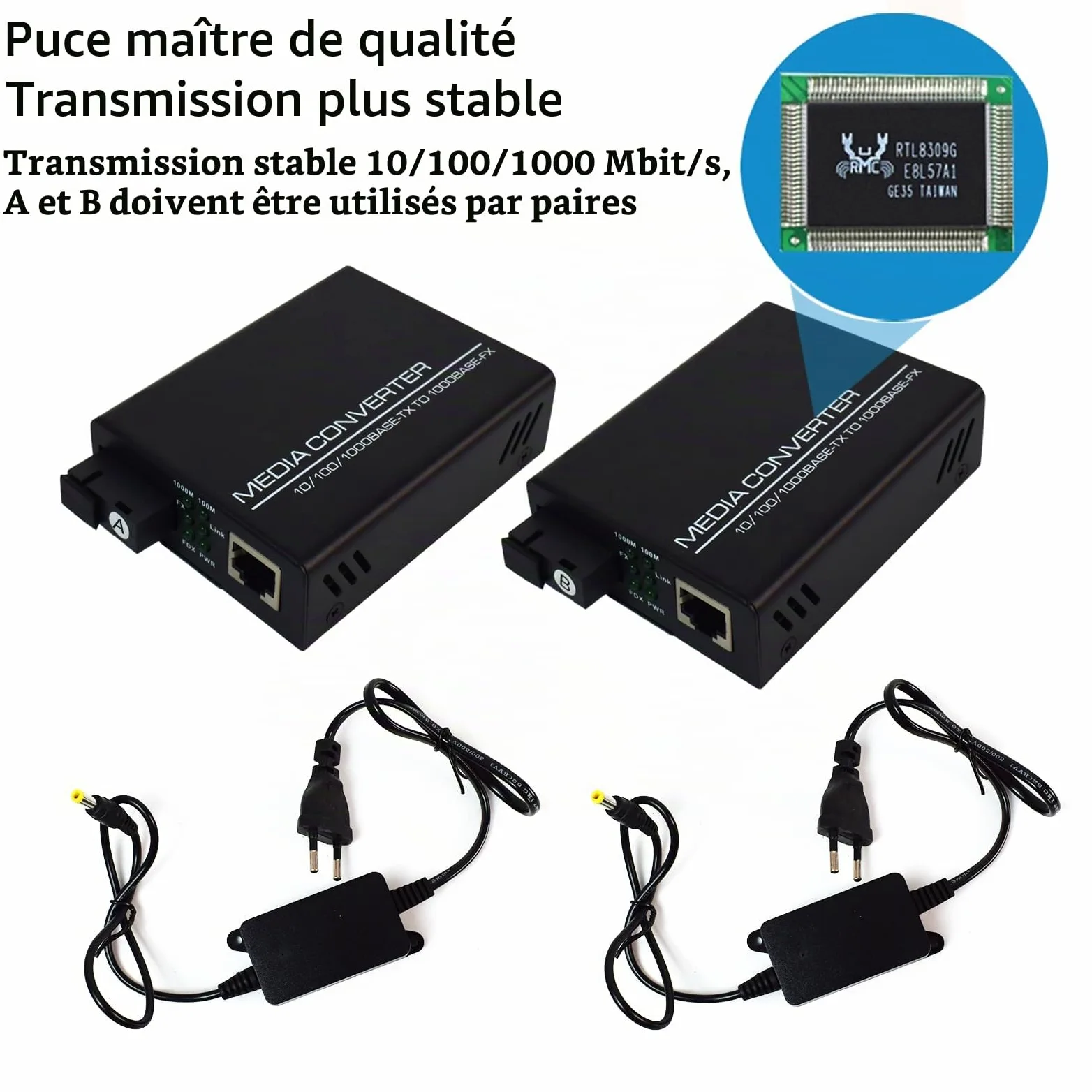 Convertisseur de Média Ethernet Gigabit Émetteur-récepteur Fibre Optique Convertisseur de Fibre Optique 10/100/1000 Mbits/s avec RJ45 Simple, Port SC, Alimentation Externe 5V, Paquet de 2