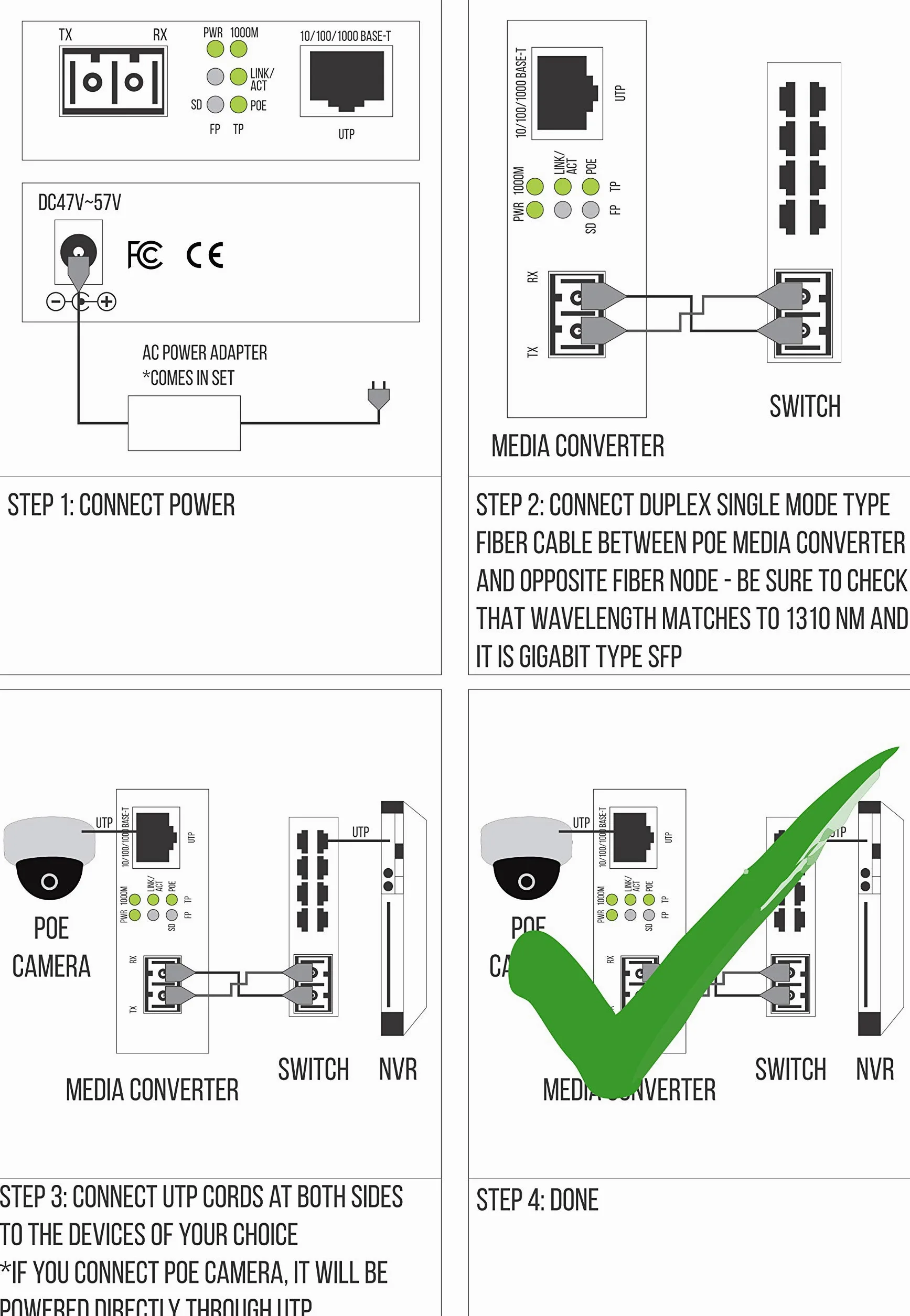Convertisseur de médias Ethernet Gigabit Gigabit Ethernet PoE fibre monomode - Alimentation IEEE 802.3 PoE et PoE+ PSE et prolonge la distance sur fibre jusqu'à 20 km - Port LAN UTP 10/100/1000 à
