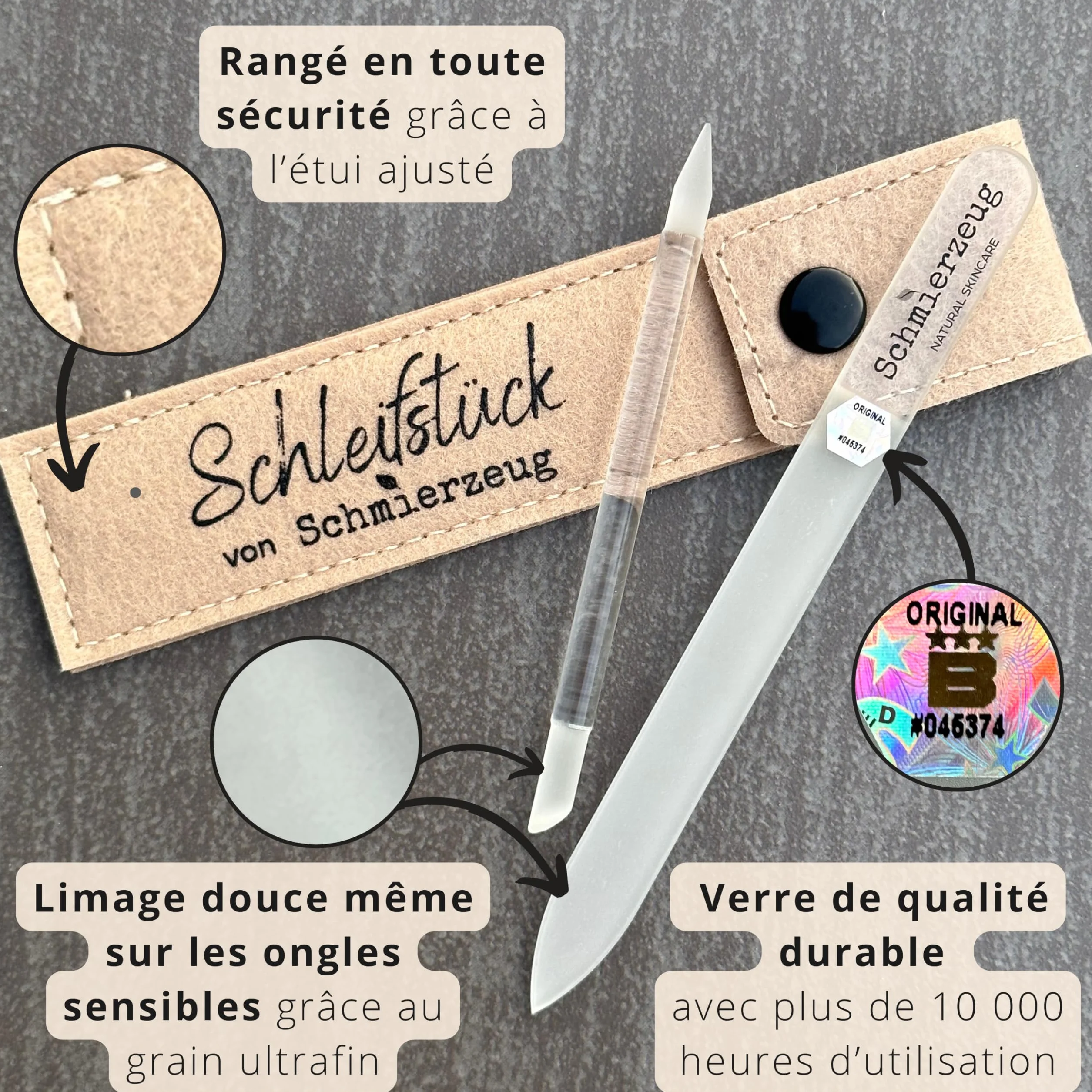 Lot de limes à ongles en verre avec bâton de manucure et étui en feutre