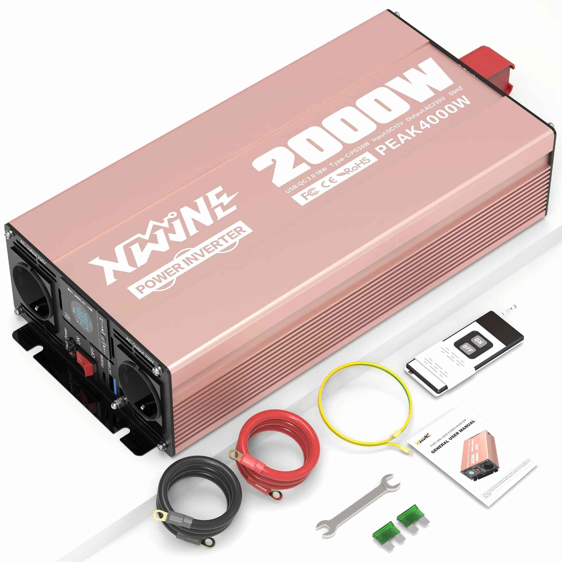 Convertisseur 12V 220V Pur Sinus 2000W Onduleur avec Prises EU, USB-A, USB-C, Écran LCD, Télécommande
