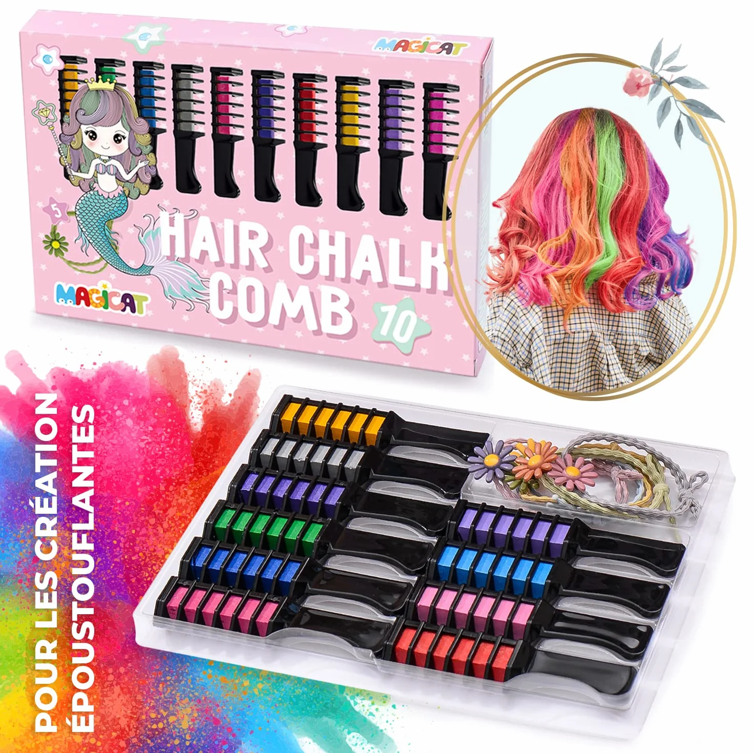 Magicat Peigne à Craie pour Cheveux Set - 10 Couleurs Lavables pour Enfants