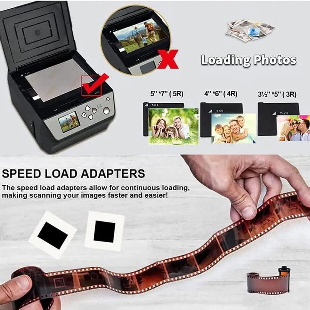 Scanner multifonction USB (film, diapositives et photos) - Convertit des films de 135 et 110 mm, des diapositives de 35 mm et des photos, des documents et des cartes de visite en fichiers Jpg