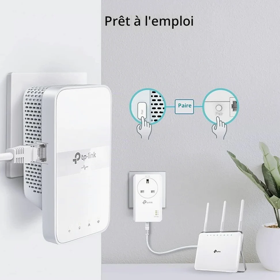 TP-Link TL-WPA7617 AV1000 Kit d'adaptateur CPL Gigabit Passthrough Powerline, Vitesse de Booster WiFi Double Bande jusqu'à 1200 Mbps, Configuration Wi-FI à Une Touche, synchronisation Automatique