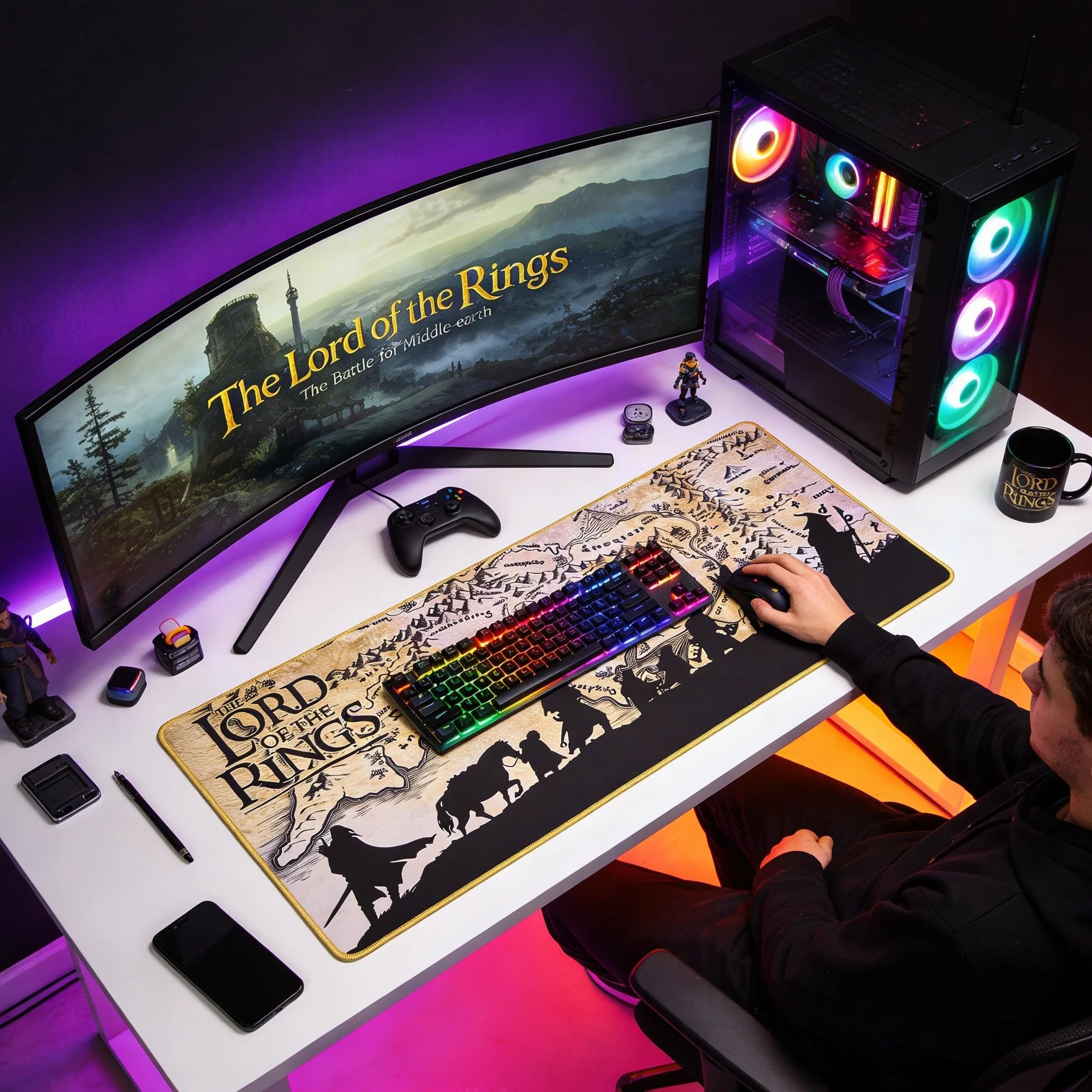 Subsonic Tapis de Souris XXL LOTR 90x40 cm, sous Main Surface Lisse Optimisée pour Capteurs, Base Antidérapante, Bords Cousus