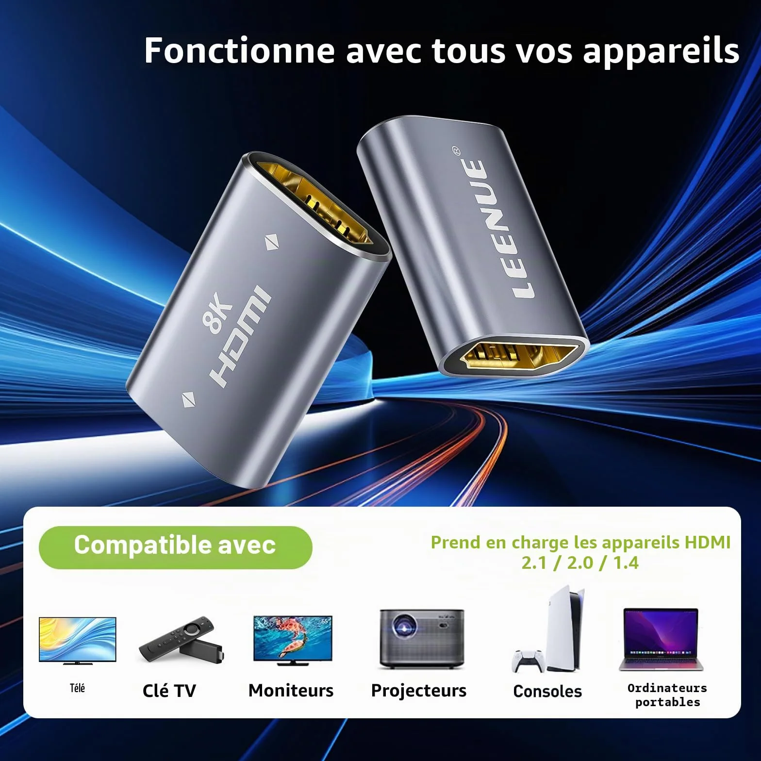 Adaptateur Rallonge HDMI 2.1 Connecteur Femelle vers Femelle 8K@60Hz 4K@120Hz UHD HDR eARC