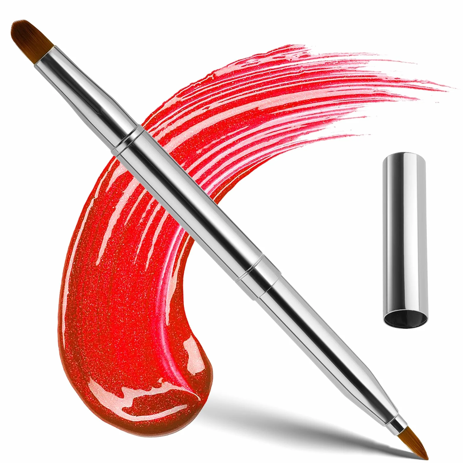 Pinceau de maquillage rétractable double extrémité portable pour rouge à lèvres, anti-cernes, contour des lèvres (argent)