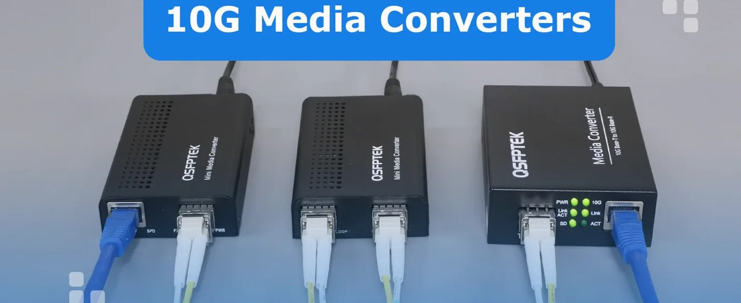 QSFPTEK Convertisseur de média 10 G, fibre 10 Gigabit vers cuivre UTP Ethernet 10 G, non géré 1 x 100 M/1 G/2,5 G/5 G/10 GBase-T RJ45 vers 1 emplacement SFP+ 10 GBase-X