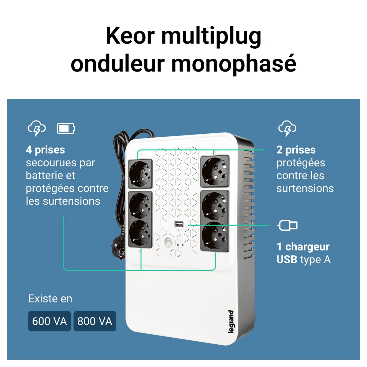 Legrand Onduleur Keor multiplug - 6 Prises 2P+T + disjoncteur - 600VA 360W - 15 Minutes