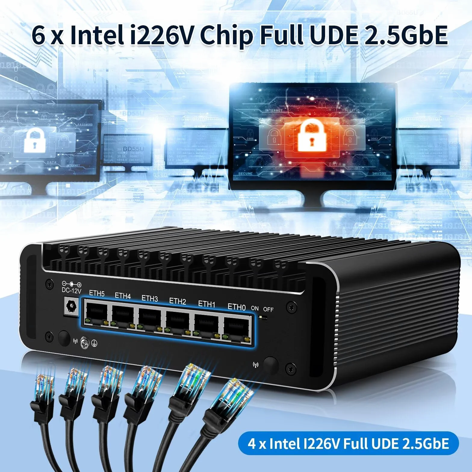 N150 Mini PC Firewall (N100 Upgrade), 6 x 2.5 GoE i226V LAN Fanless OPNsense Router Computer, DDR5 8 Go RAM 128 Go NVMe SSD, AES-NI, 2HD + USB-C 3 Display, 2 x M.2 NVMe Slot