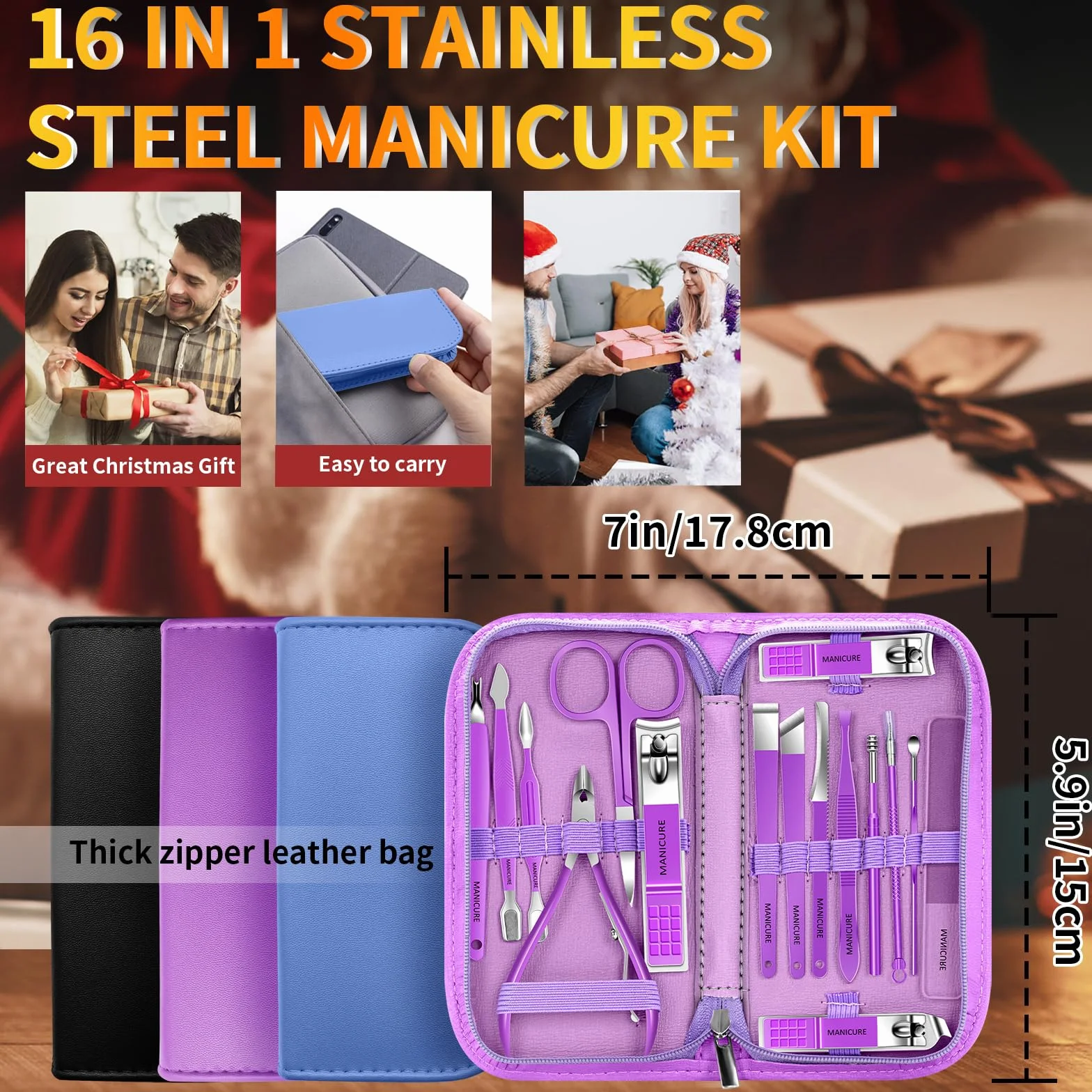 Kit Manucure Pédicure Acier Inoxydable 16 Pinces à Ongles Professionnel avec Étui Voyage Cuir Noir