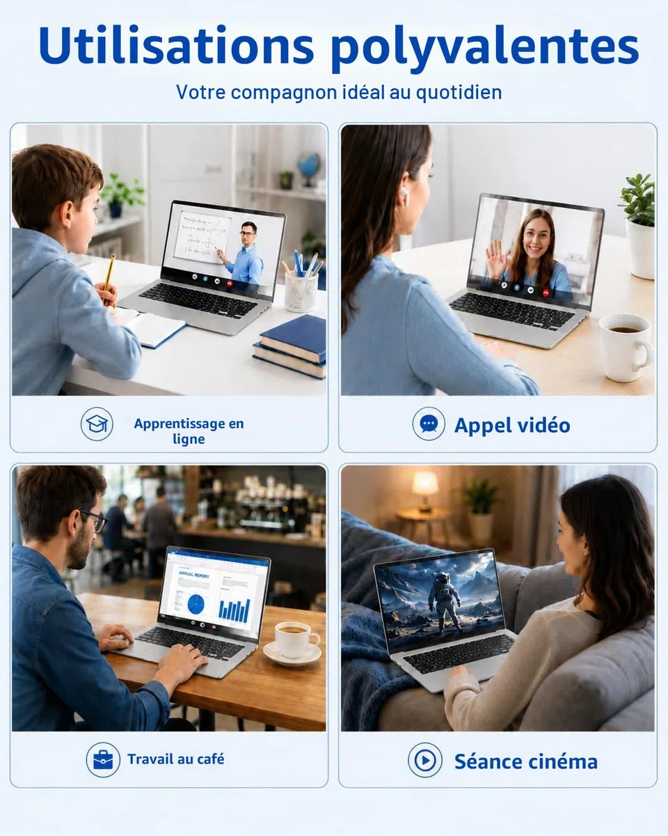 Ordinateur Portable 14,1" HD, 6 Go RAM, SSD 128 Go, Processeur Double Cœur, Wi‑Fi 2,4G/5G & Bluetooth, Design Silencieux Sans Ventilateur, PC Portable Léger avec Souris Offerte & Clavier Confortable