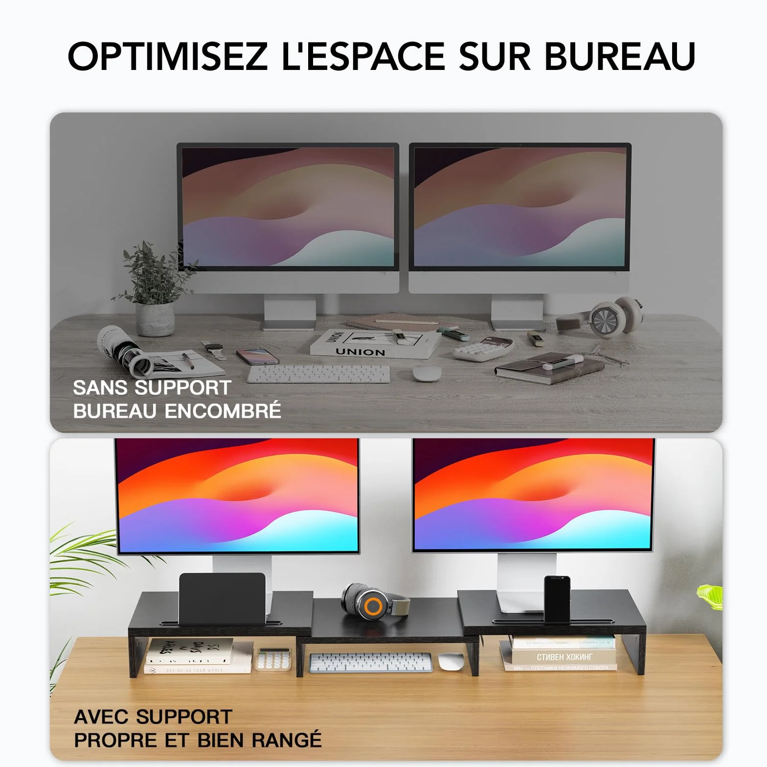 HUANUO Support Moniteur Double, Rehausseur Ecran PC Bureau Noir