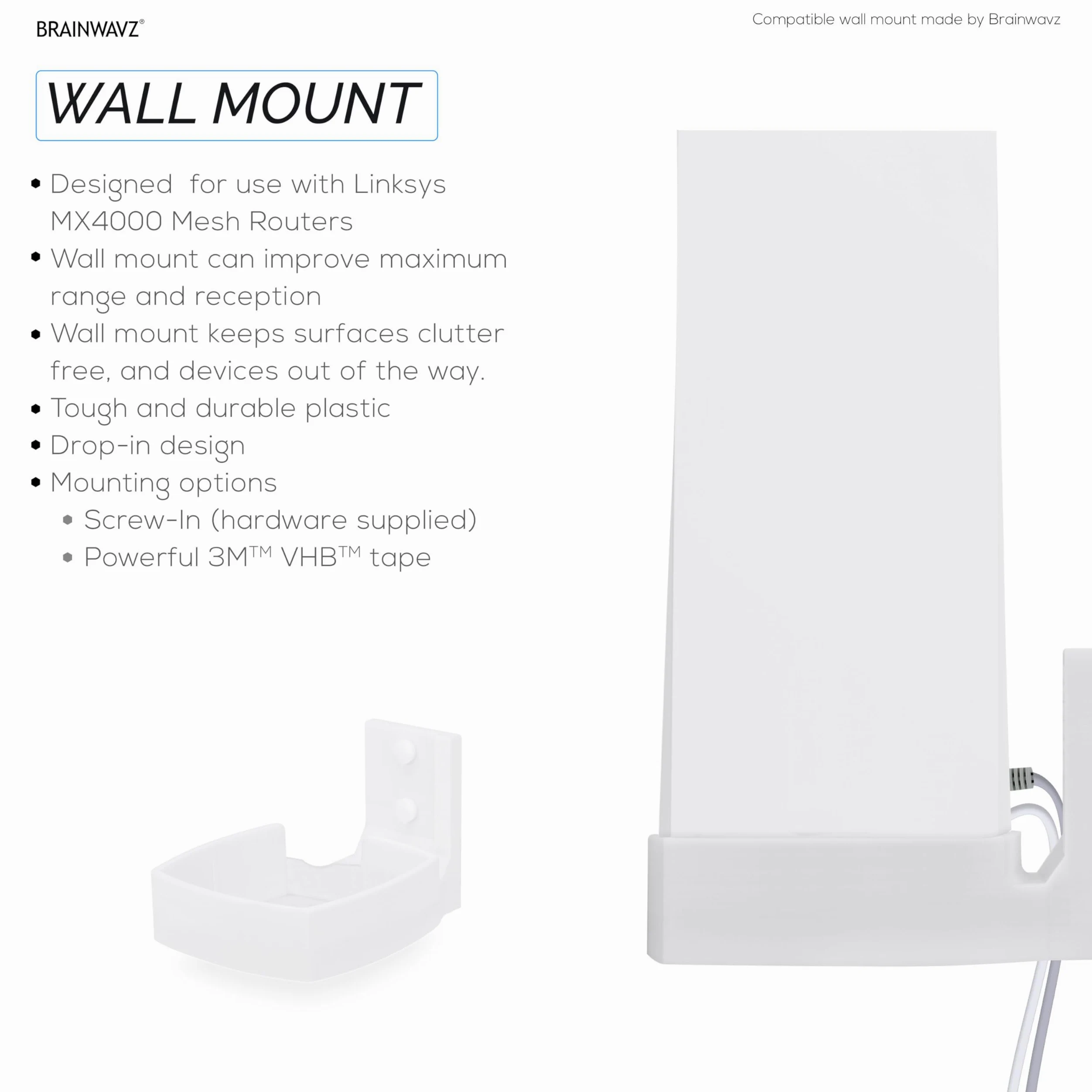Support mural pour routeur Linksys MX4200 Mesh WiFi 6 (AX4200), facile à installer, réduit les interférences et l'encombrement, adhésif et montage à visser