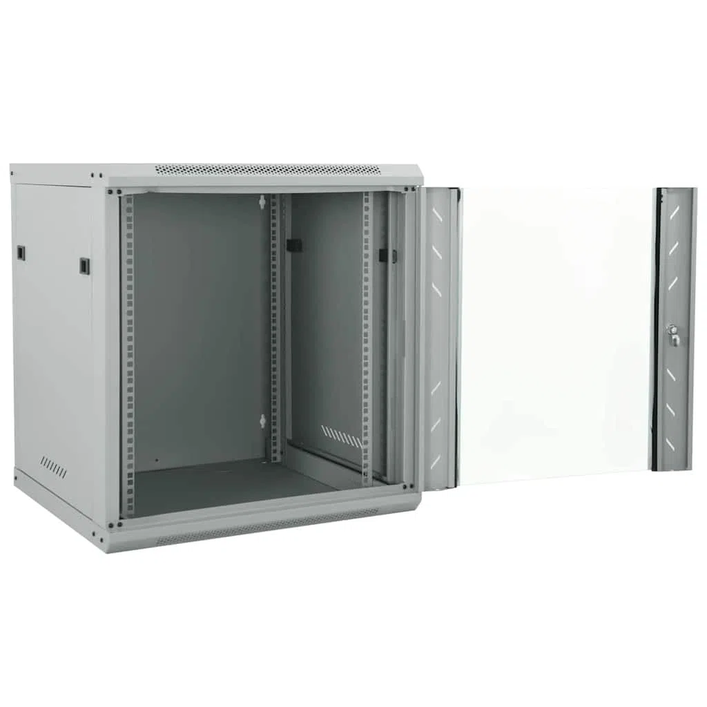 Armoire réseau murale en acier gris 60 x 45 x 65 cm, avec verre de sécurité trempé et poignées de verrouillage pour un rangement sûr de l'électronique au design industriel.