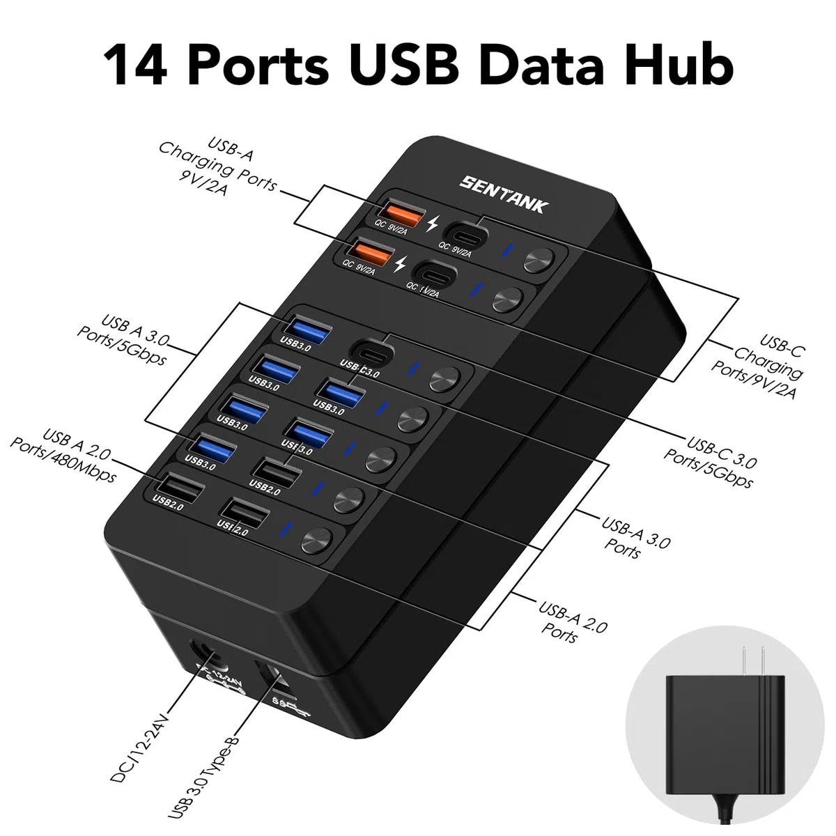 Hub USB 3.0 14 ports (6 ports USB 3.0 + 4 ports de charge rapide) avec interrupteur marche/arrêt LED indépendant, avec adaptateur d'alimentation 60 W pour Mac, PC