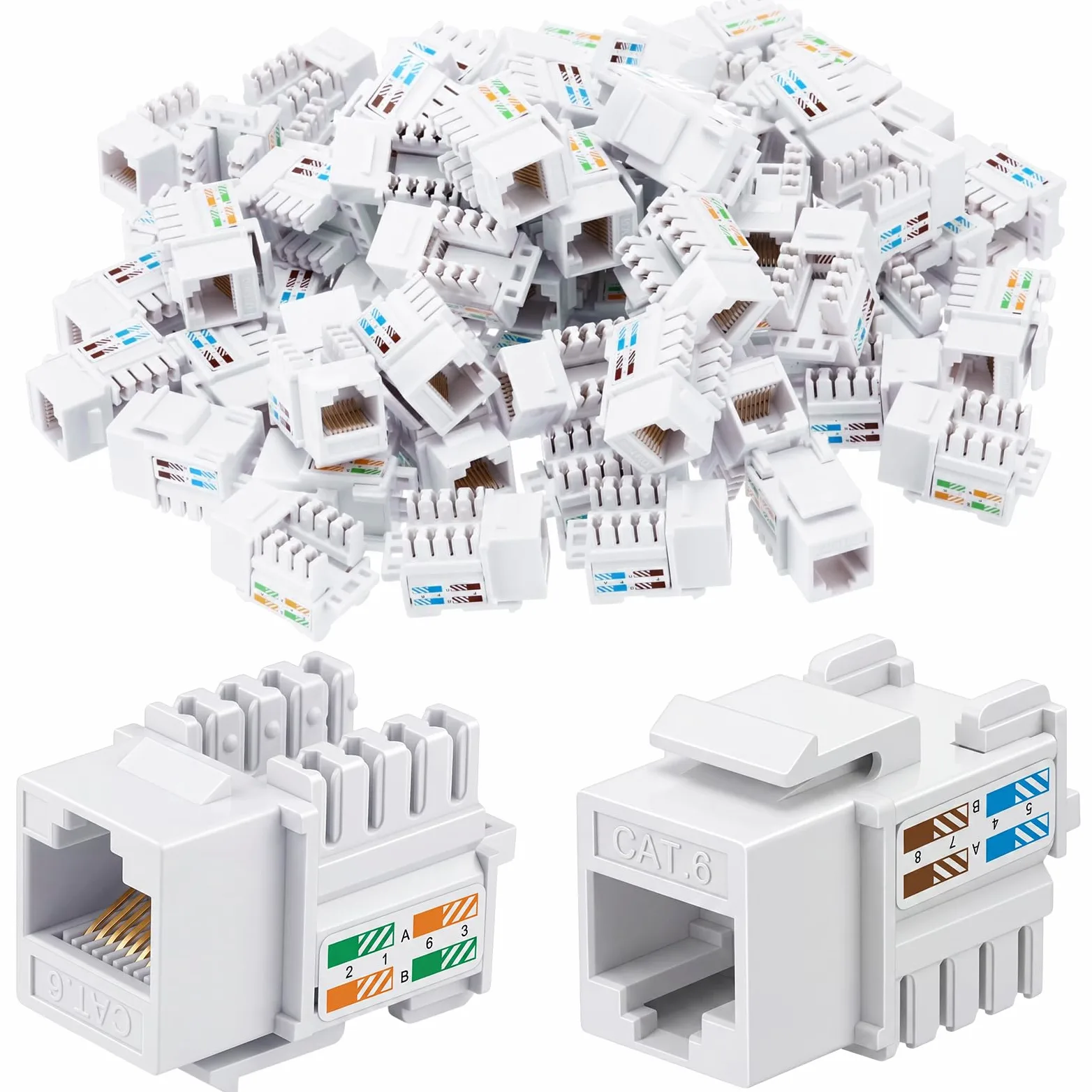 Hoteam Lot de 125 prises Keystone Cat6, coupleur modulaire Ethernet RJ45, connecteur UTP à 90 degrés pour plaque murale, panneau et boîtier de montage en surface (blanc)
