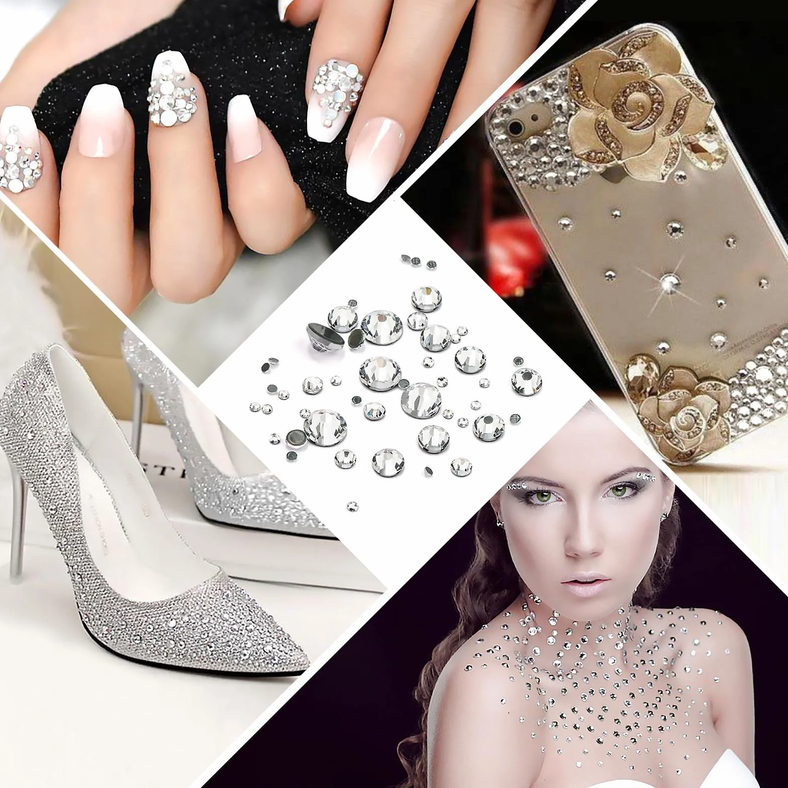 1440 Pièces Strass Ongle Nail Art, 6 Tailles Gems à Dos Plat Rond Cristal, avec Pince et Stylo