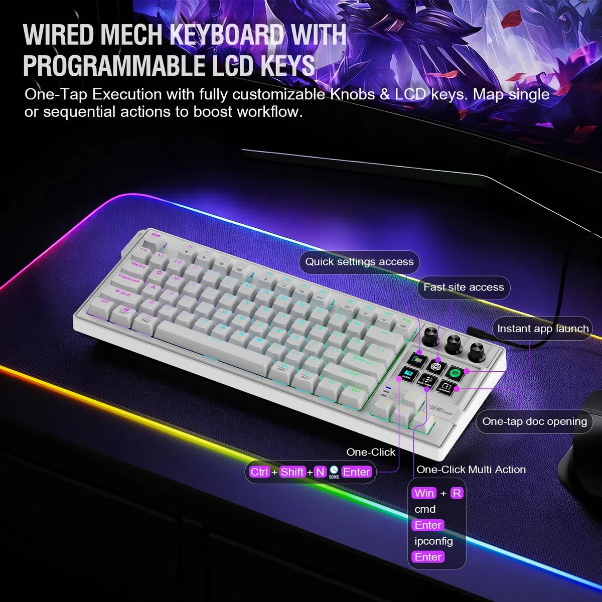 Clavier mécanique avec deck contrôleur de flux, pavé macro avec touches et boutons LCD personnalisables, clavier de raccourci de jeu, remplaçable à chaud, rétroéclairage RVB, pour PC Mac