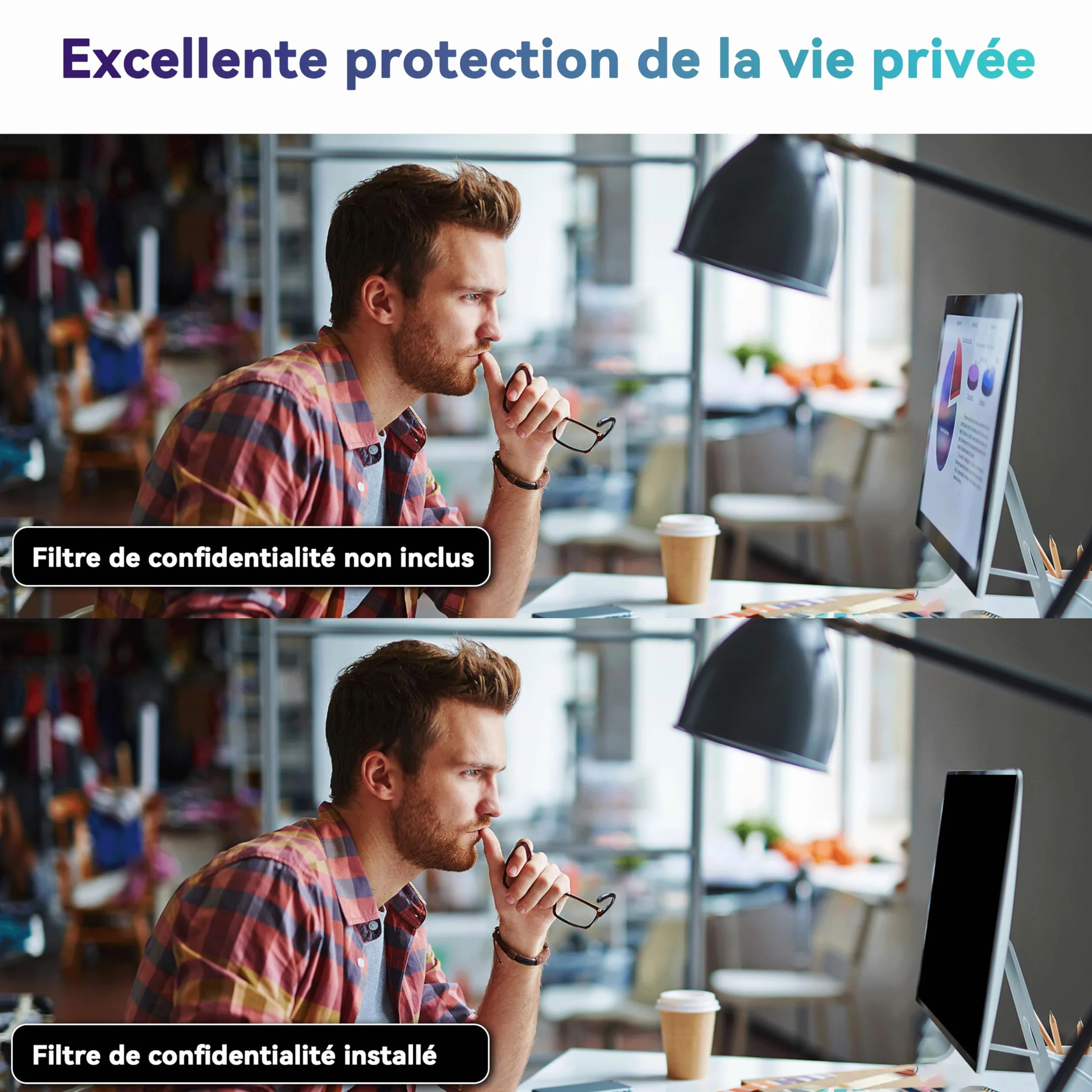 Filtre de Confidentialité 27 Pouces 16:9 Anti-Espion Anti-Lumière Bleue Protection d'Écran Amovible