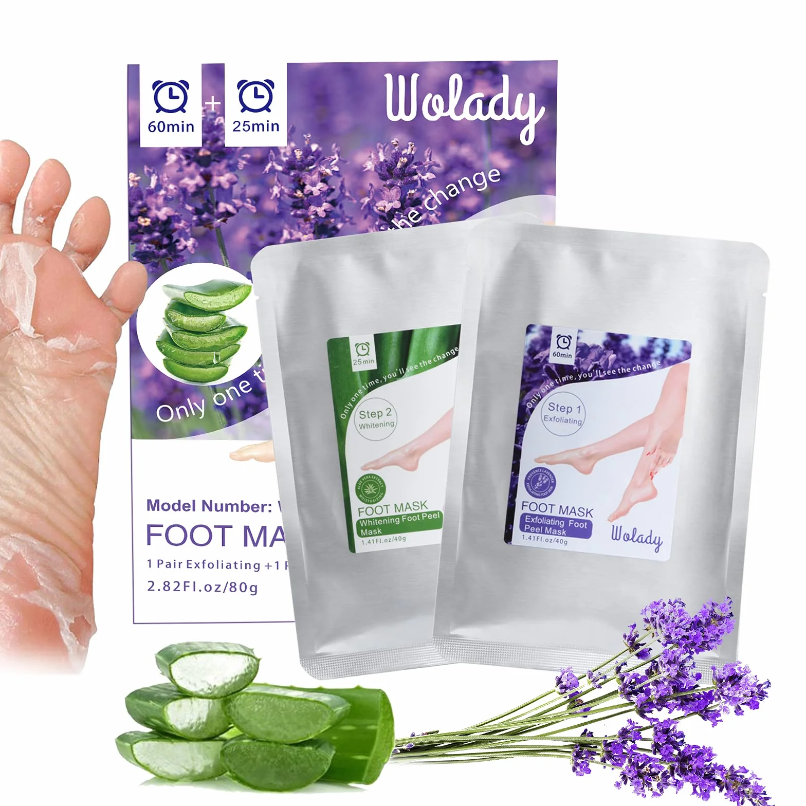 Wolady Masque Peeling Exfoliant Pieds Anti-Callosités Chaussette Hydratante 2 Paires Lavande Aloe Vera