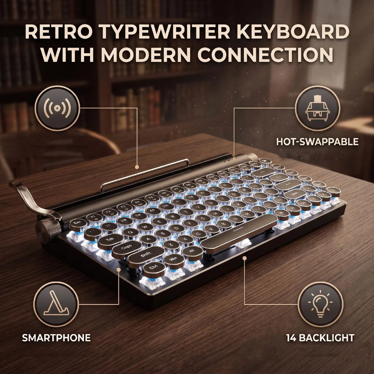 Clavier Mécanique sans Fil Vintage avec Interrupteur Bleu et