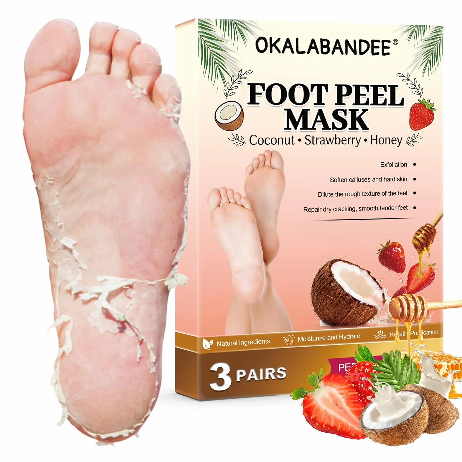 Masque Pied Exfoliant Anti Callosités Hydratant Pieds Secs Fendillés Coco Fraise Miel