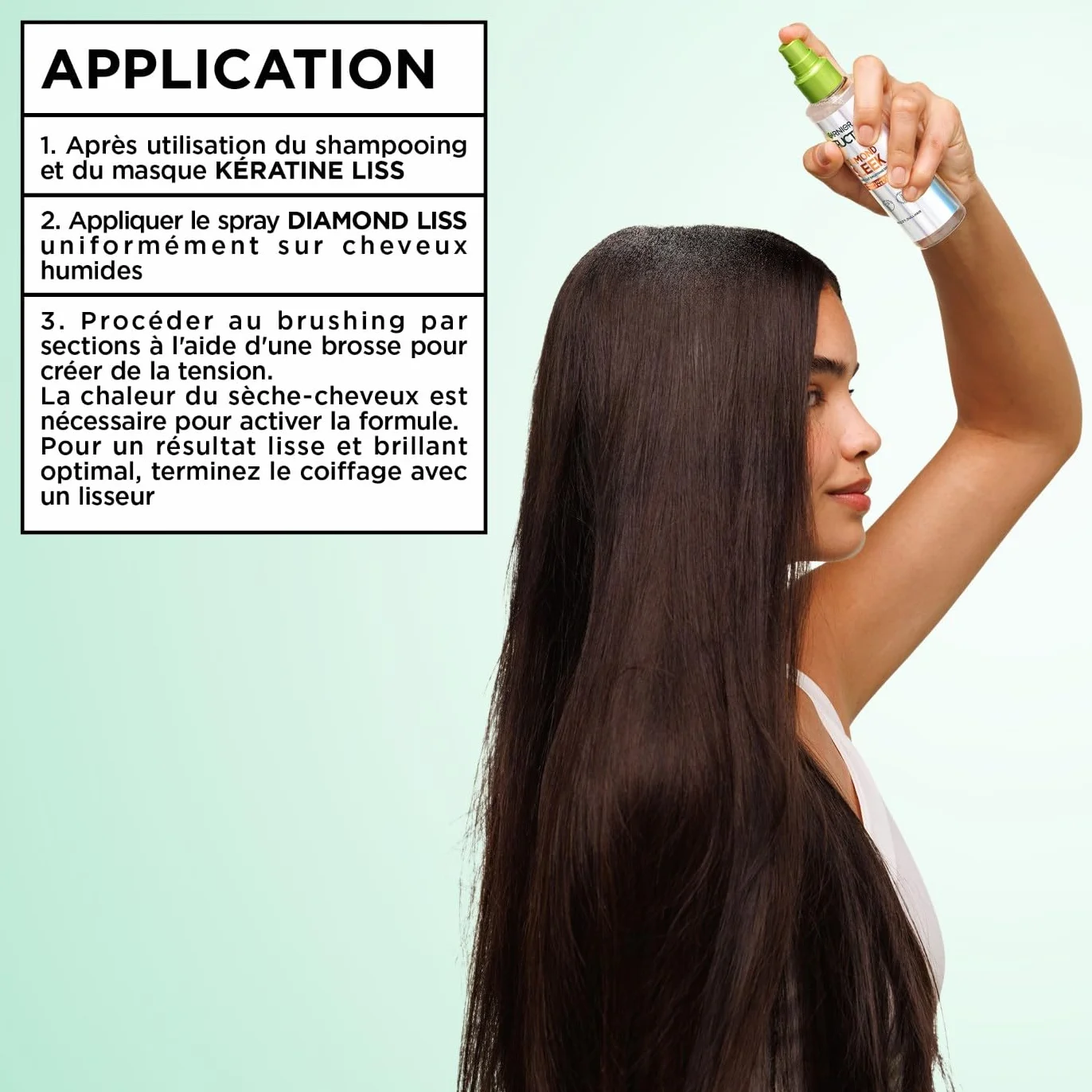 Garnier Fructis Diamond Liss Spray Cheveux Lissant Brillance Diamant Thermo Protecteur Kératine Végétale Huile d'Argan Anti-Frisottis 150 ml