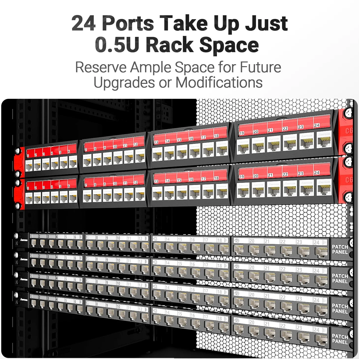 AMPCOM Panneau de brassage Keystone vierge à 24 ports – Demi-U (0,5U) 48,3 cm Montage en rack ou mural Panneau modulaire déchargé avec barre de gestion de câbles arrière en métal pour réseau UTP/STP